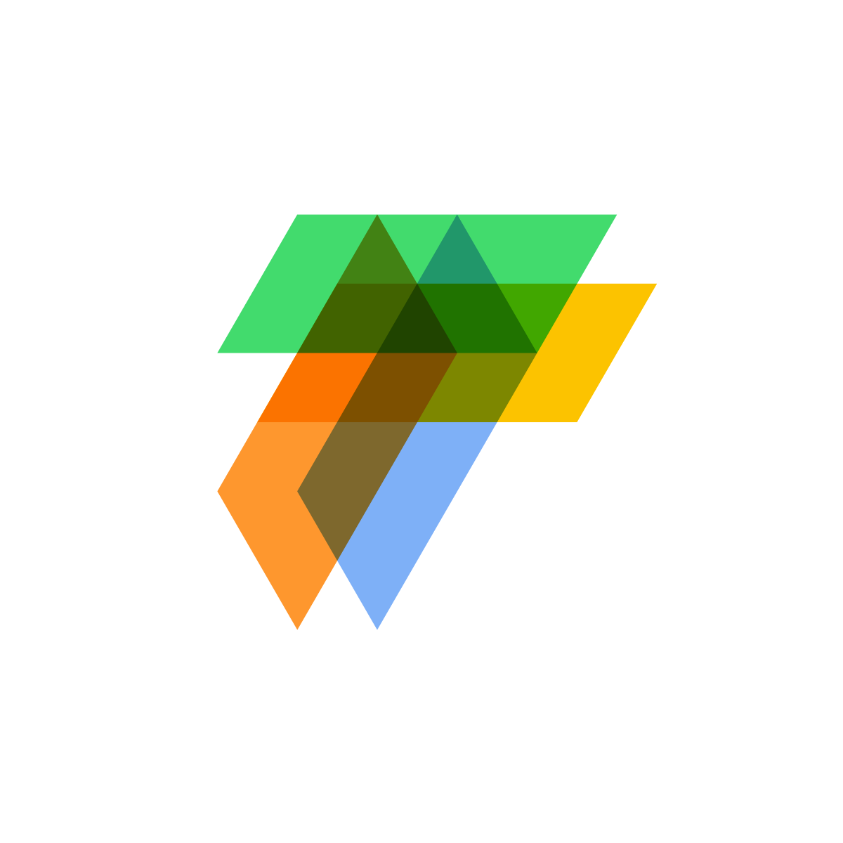 Abstract logo utilizing a triangle grid and colorful shapes to form the letter 'T,' employing creative stacking for a distinctive visual.