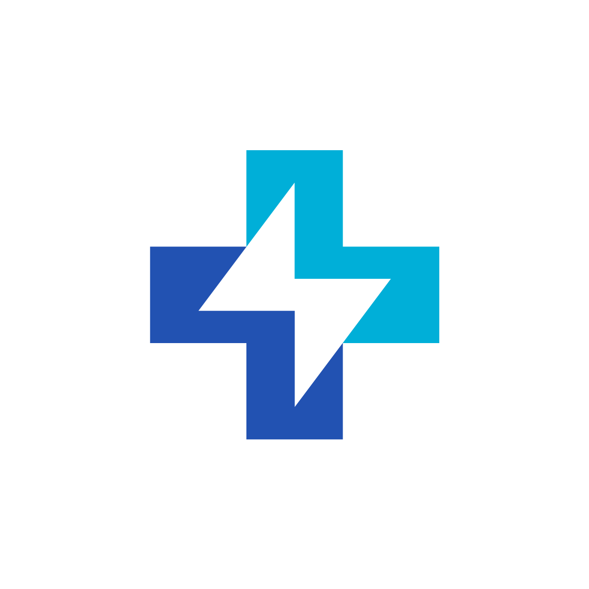 Logo combining medical cross and lightning bolt symbols in negative space, representing speed, precision, and power