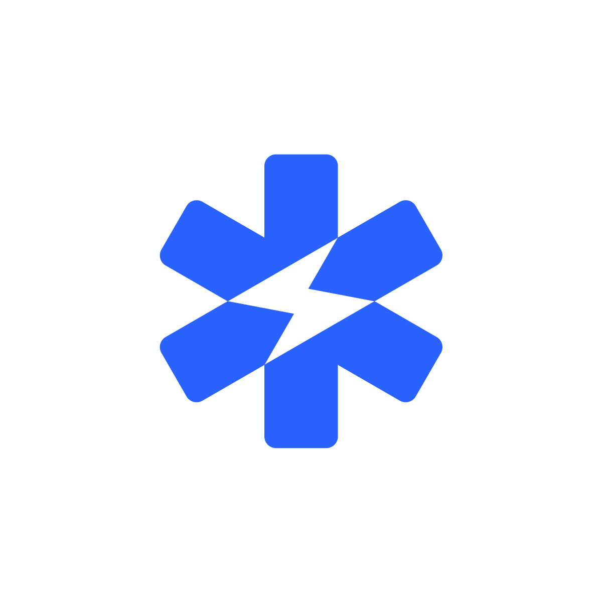 Logo uniting star of life and lightning bolt symbols in negative space using guidelines, ideal for medical-related businesses.