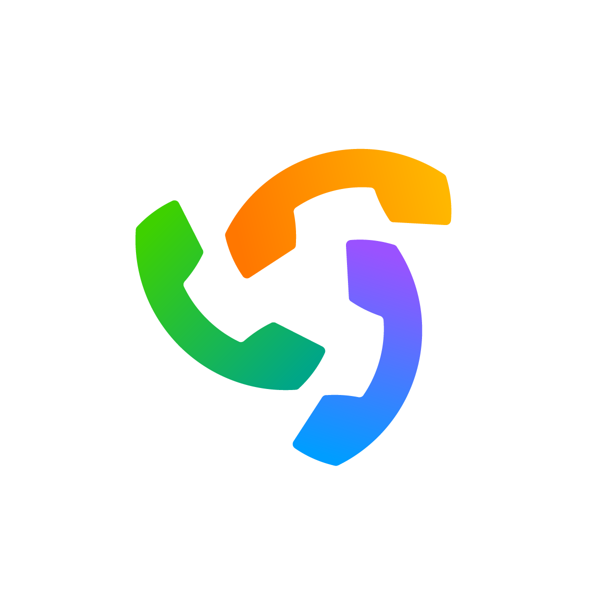 Colorful logo representing group call, chat, and communication with three phone handles forming the international phone symbol.
