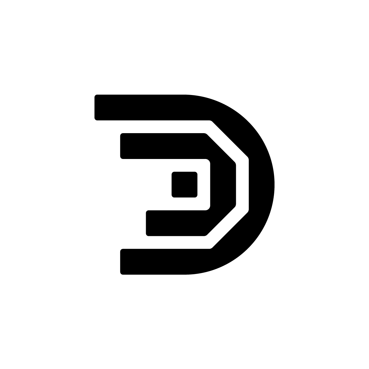 D Layers Logo: Intricate 'D' with layers and square inside, symbolizing depth, versatility, and stability for multifaceted and modern brands.