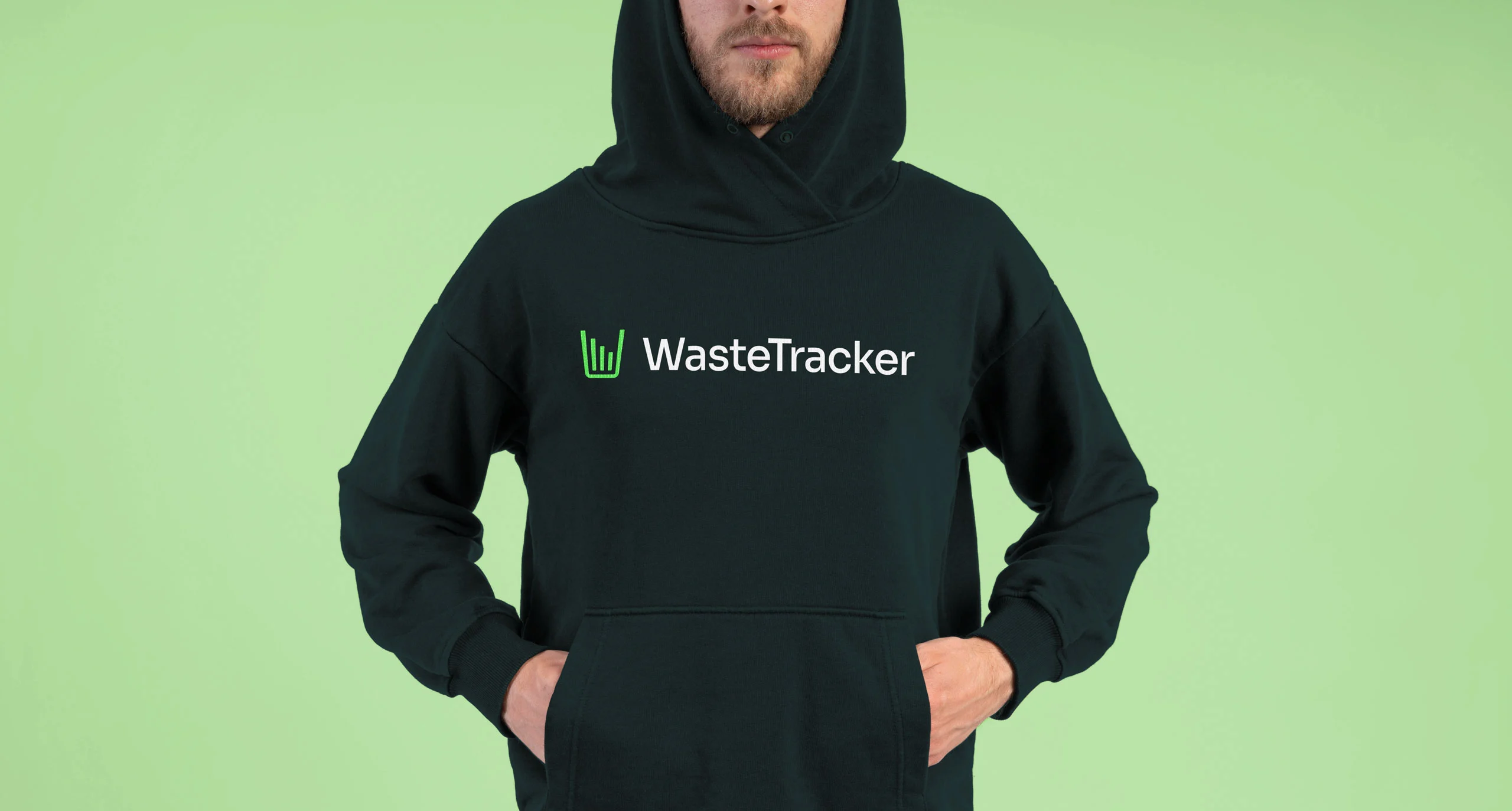 WasteTracker logo printed on a hoodie, demonstrating wearable branding.