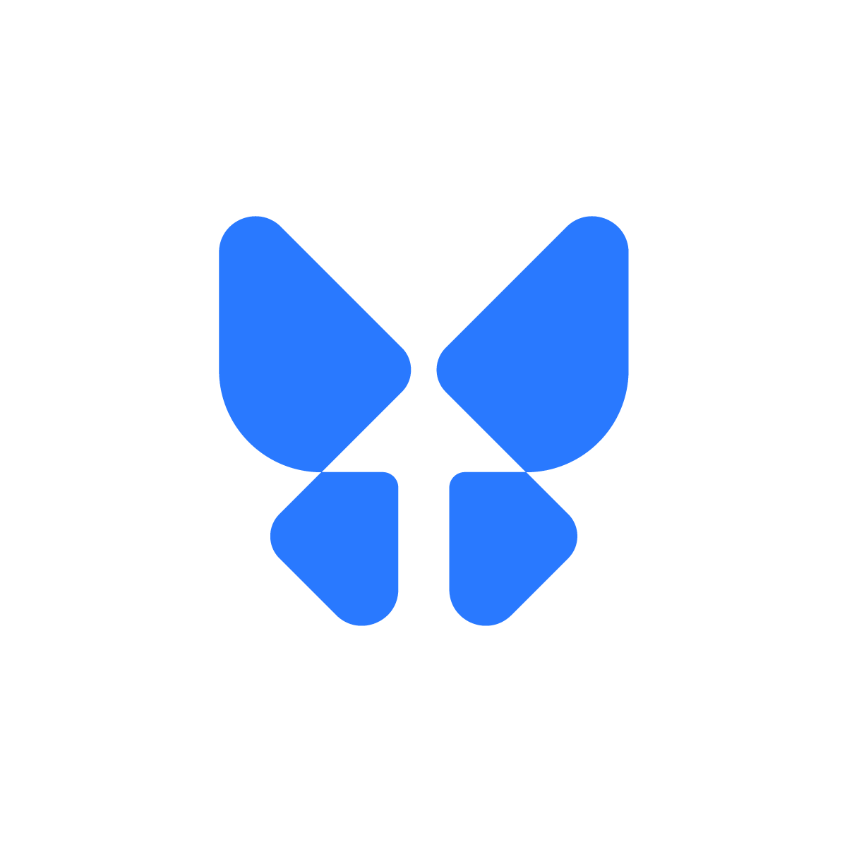 Abstract blue butterfly logo featuring soft geometric shapes and an integrated arrow at its center, symbolizing growth and transformation.