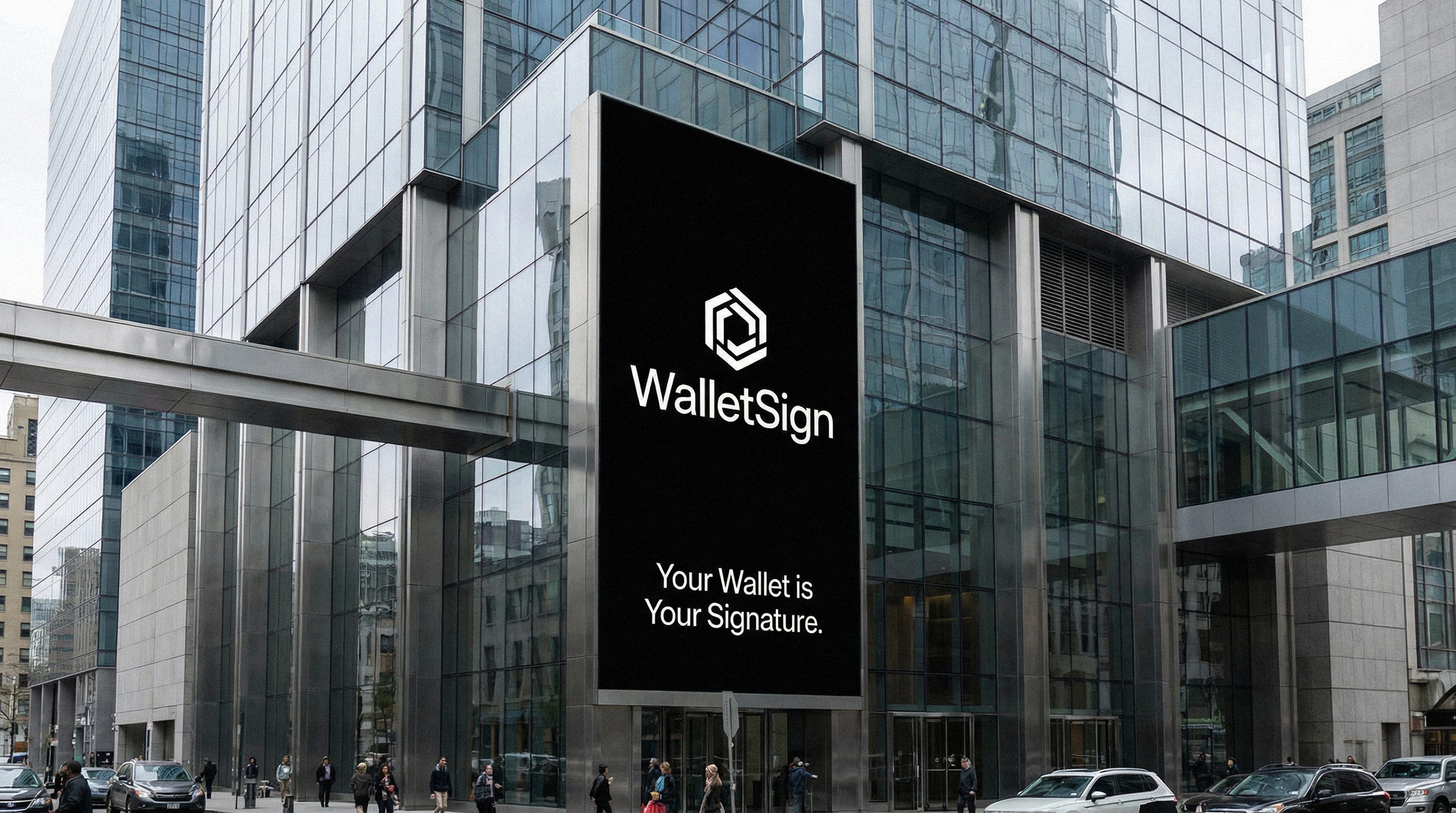 Large format outdoor banner advertisement for WalletSign, displaying the brand identity in a high-traffic urban environment.