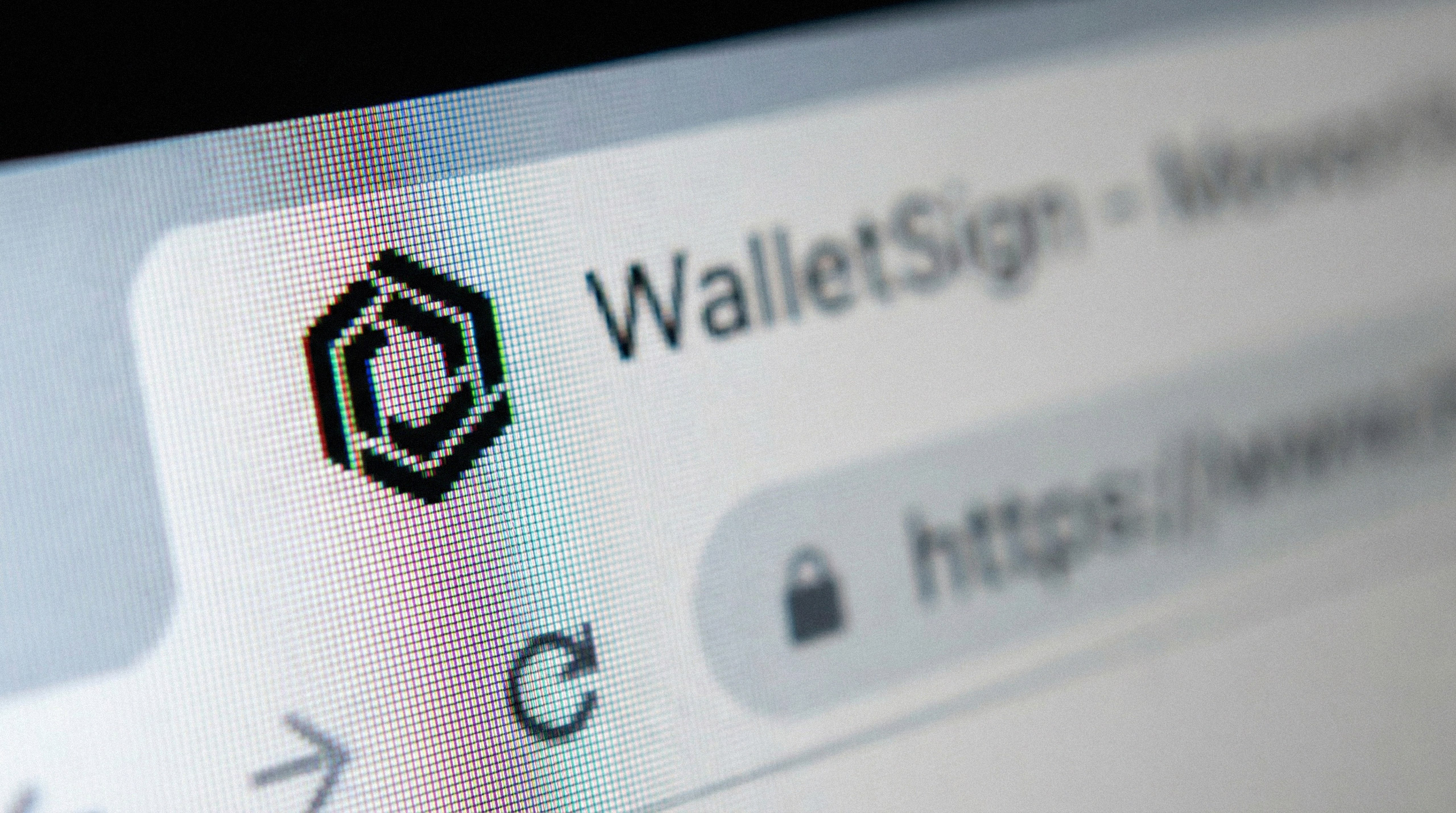 Extreme close-up macro shot of the WalletSign app icon on a mobile display, highlighting the sharp details of the hexagonal brand symbol.