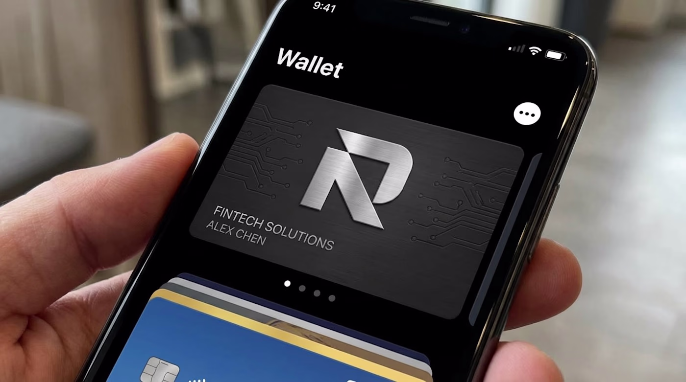 Dark mode iPhone screen showcasing a digital wallet membership card with the white abstract R brand logo.