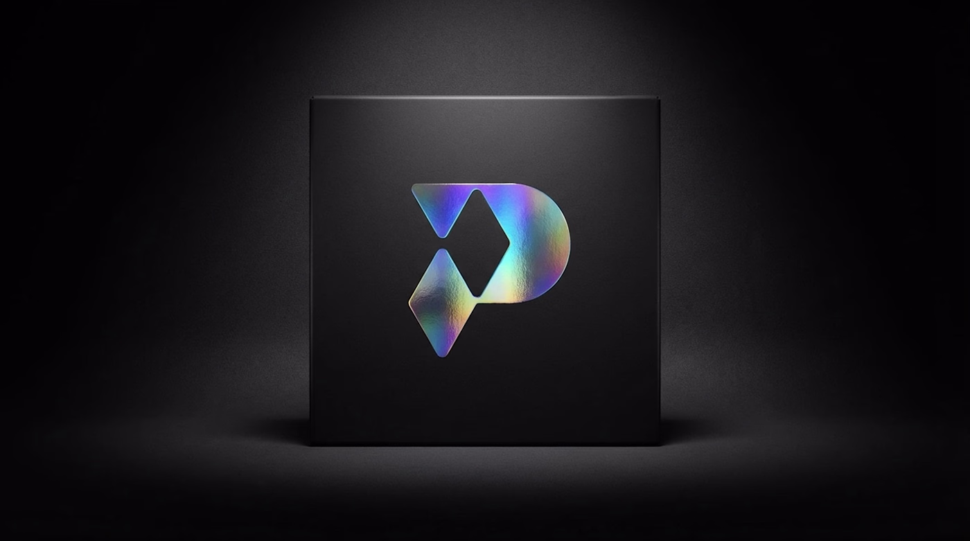 Premium dark product packaging box featuring a striking holographic dynamic abstract P logo.