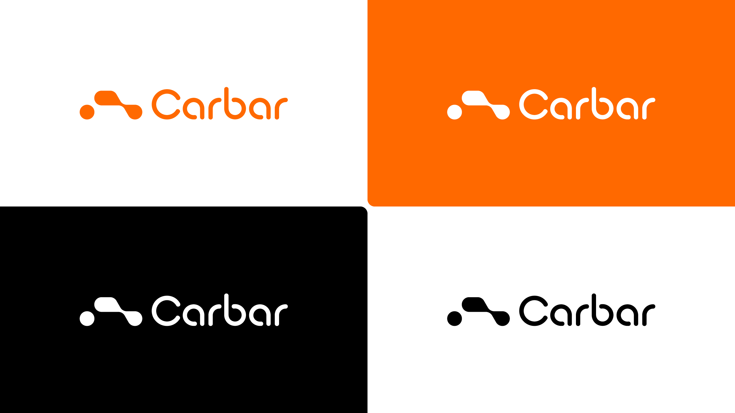 A comprehensive overview sheet displaying the Carbar logo system: black full logo, black logotype, orange logomark, and reversed white logo on a dark background - design by Brandforma Studio.
