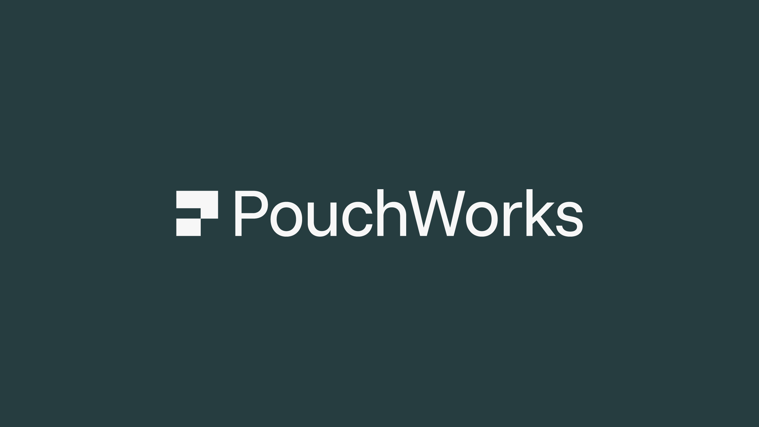 PouchWorks primary wordmark and folded geometric logomark in white on a dark industrial background by Brandforma Studio