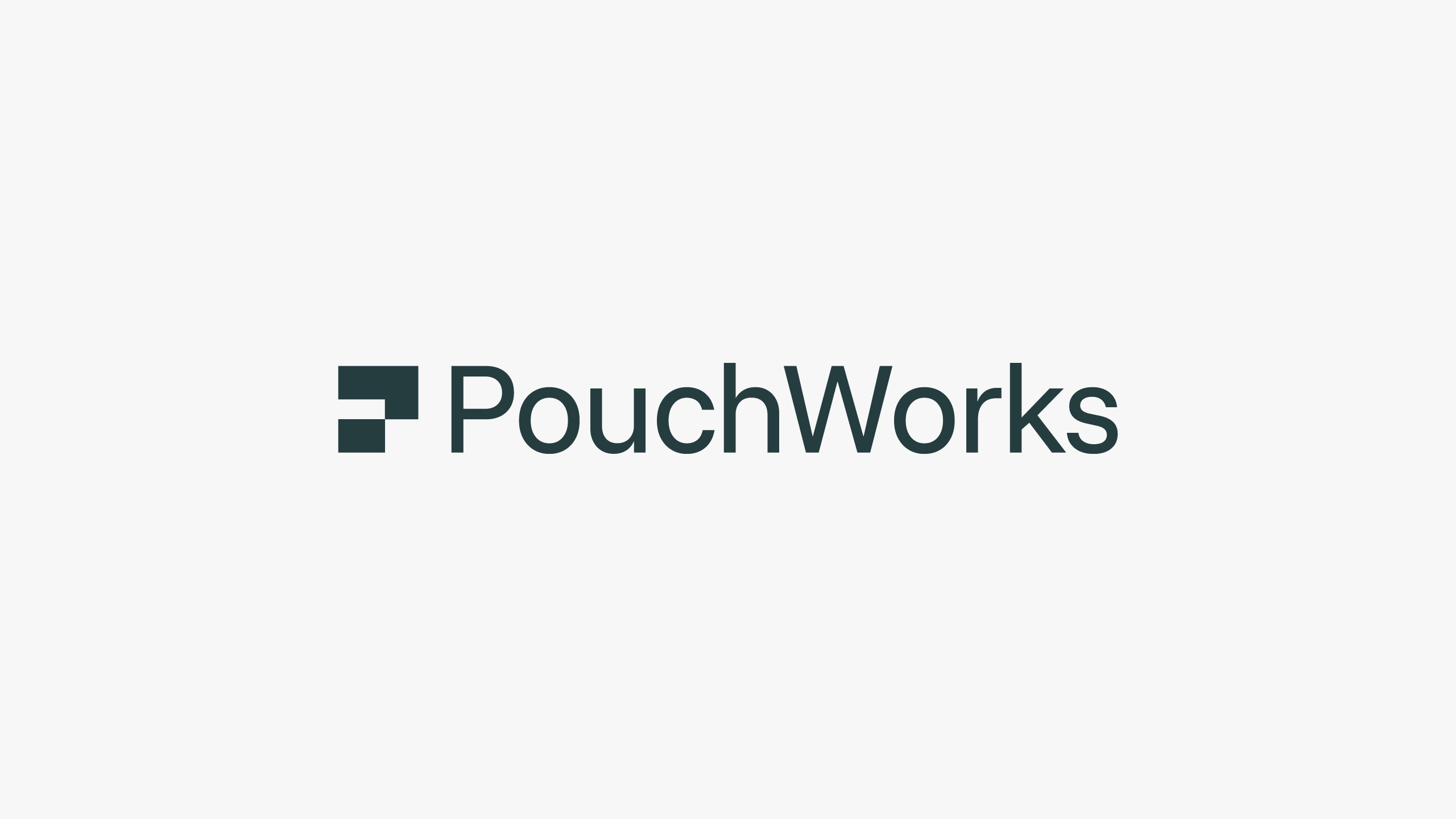 PouchWorks primary wordmark and folded geometric logomark in black on a clean white background by Brandforma Studio