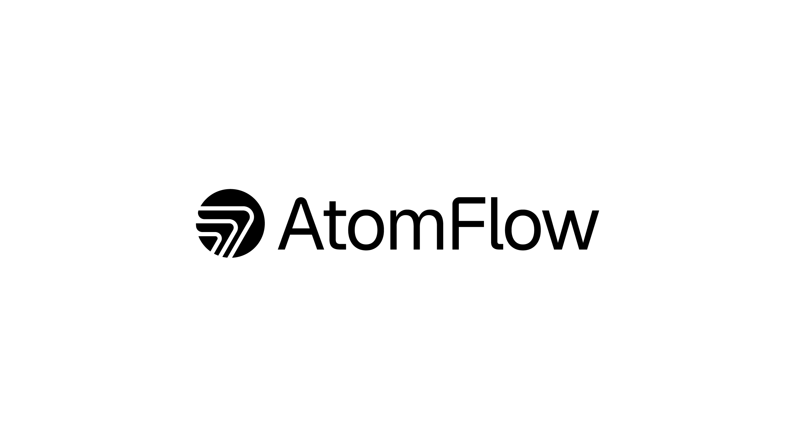 Solid black AtomFlow logomark and logotype on a clean white background.