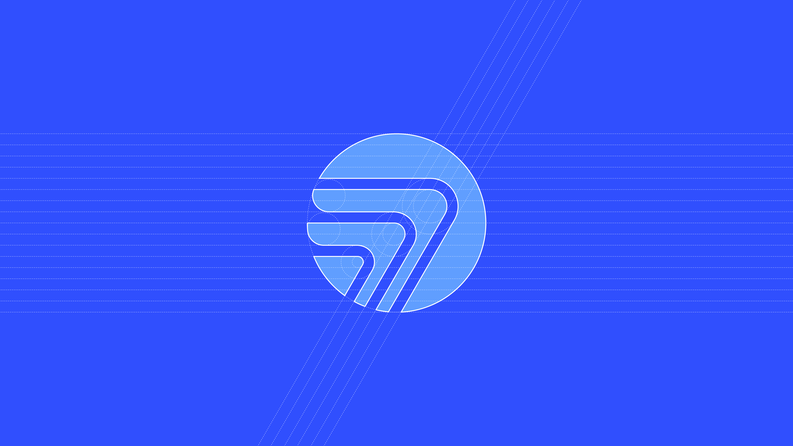 Structural grid and geometric construction lines of the white AtomFlow logomark on a blue background.