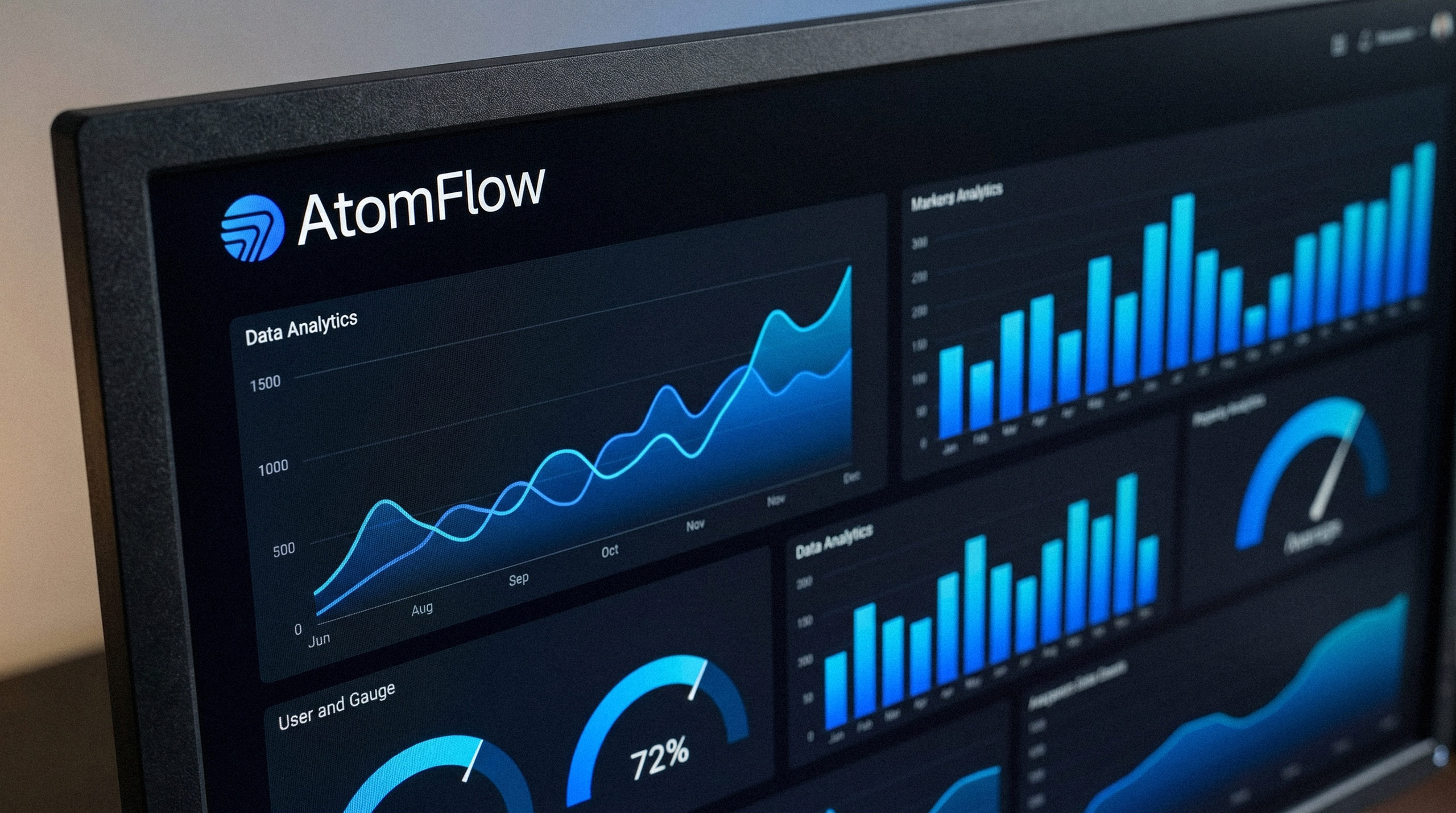 AtomFlow brand logo integrated into a dark mode data analytics dashboard UI.