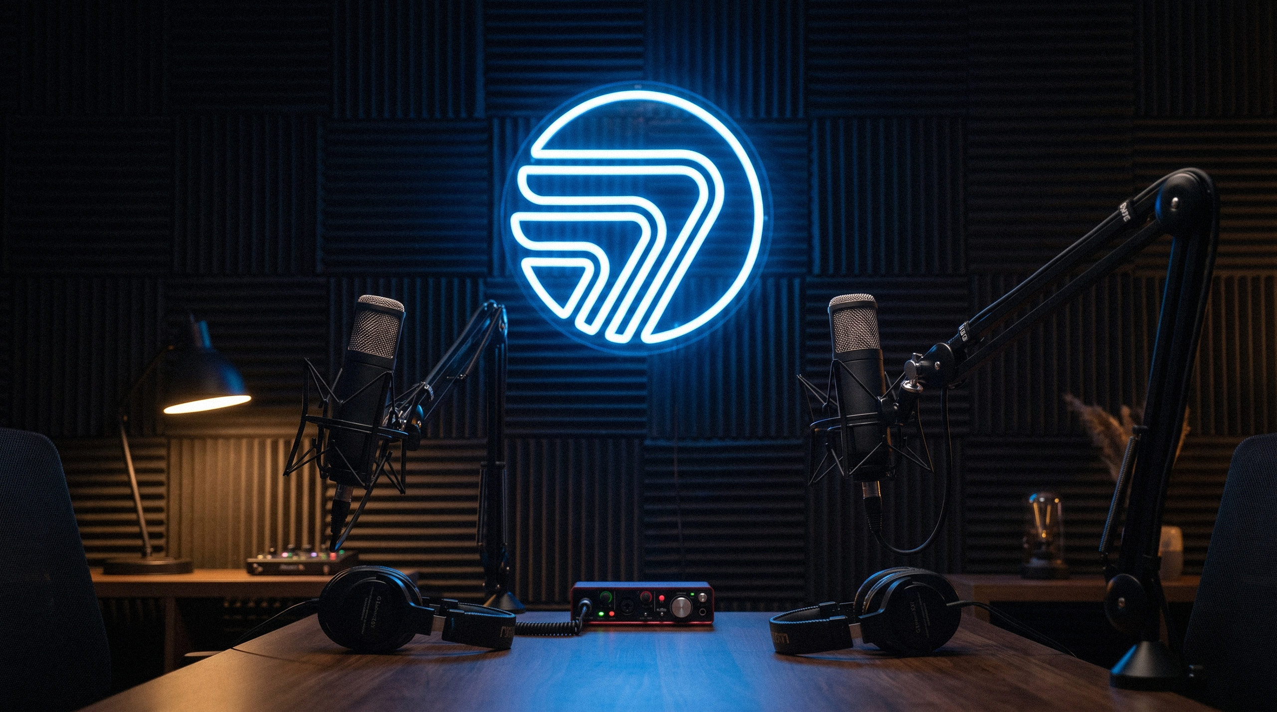Glowing blue AtomFlow neon sign mounted on a dark wall in a podcast studio setting.