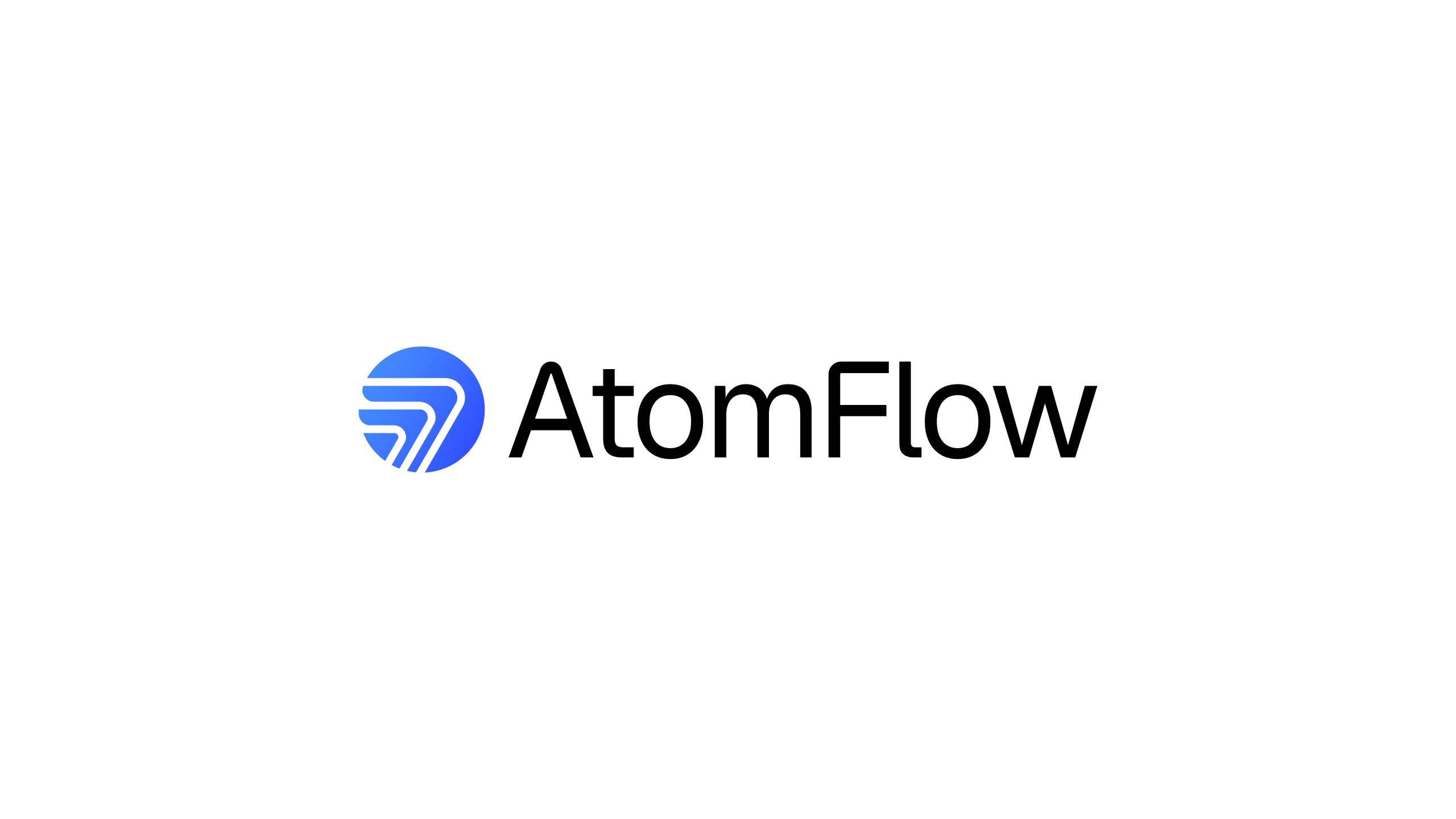 AtomFlow primary logo design featuring a blue geometric icon and black typography on a white background.