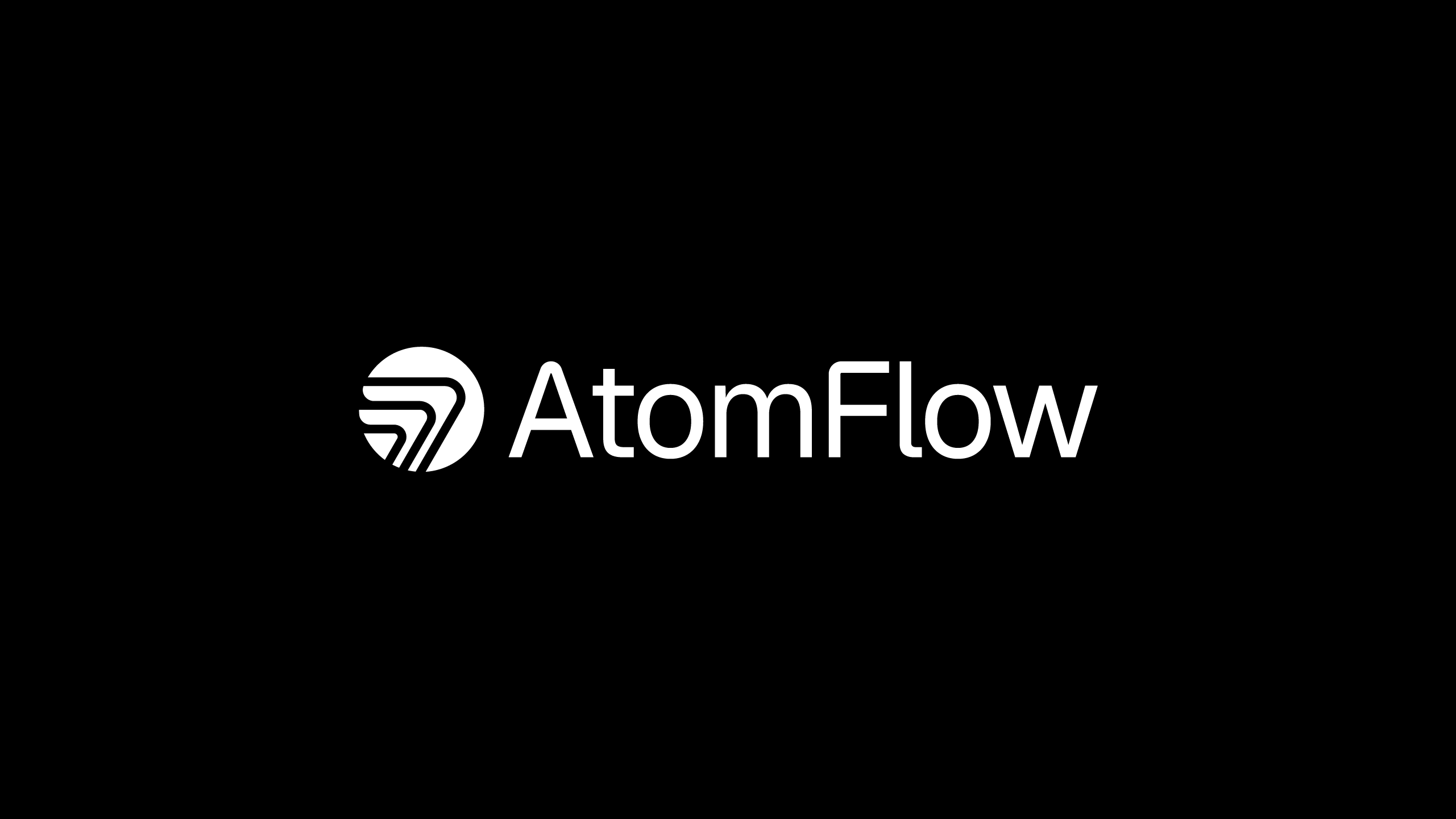 Solid white AtomFlow logomark and logotype on a dark black background.