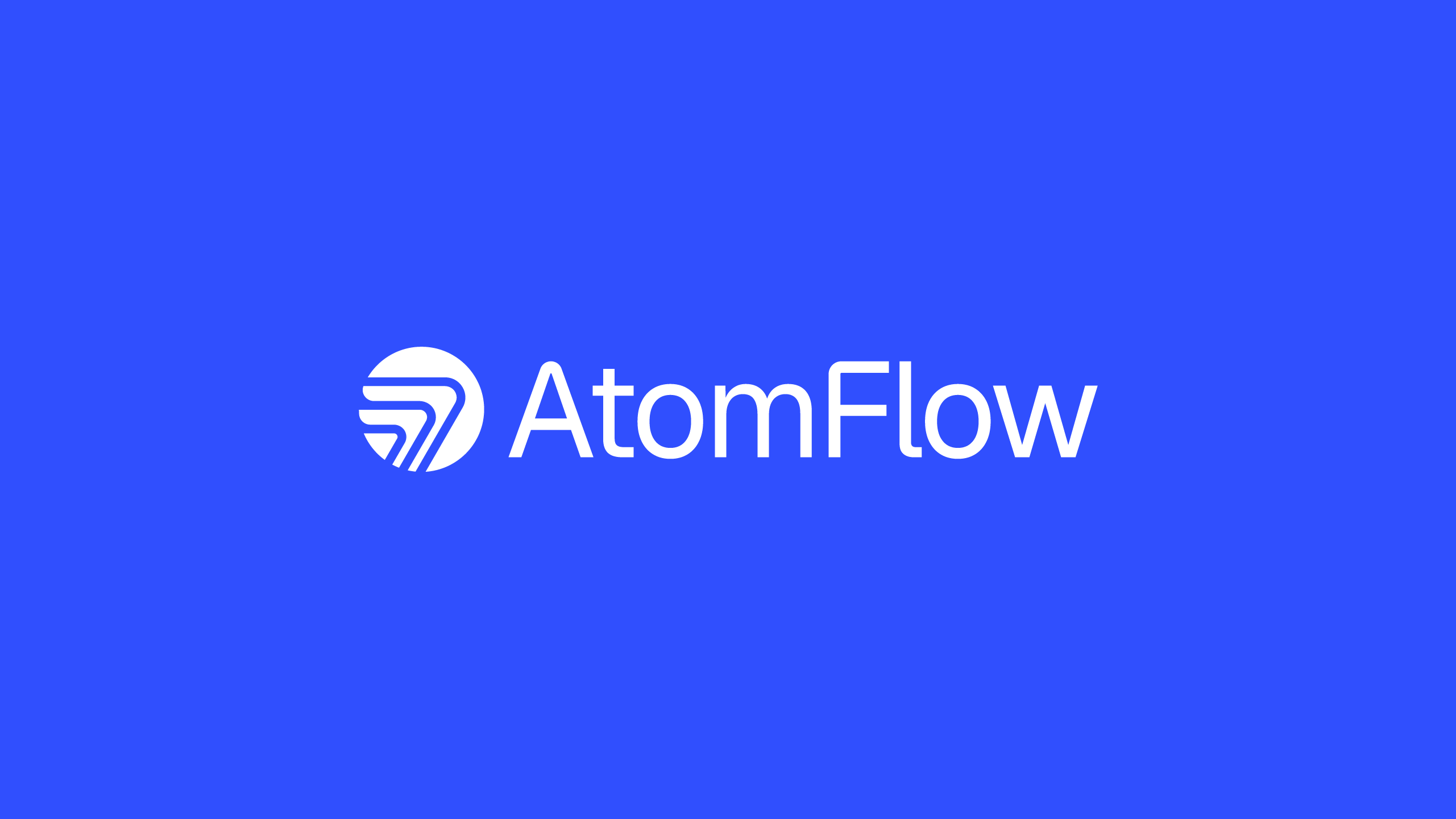 Solid white AtomFlow logomark and logotype on a vibrant blue background.