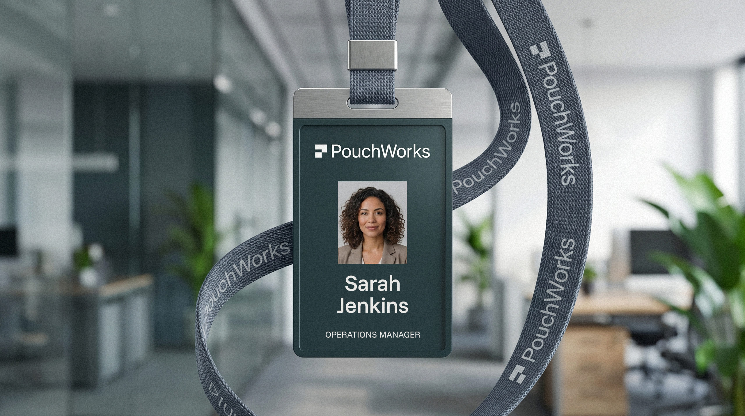 Professional corporate identity badge and lanyard mockup in an office setting by Brandforma Studio