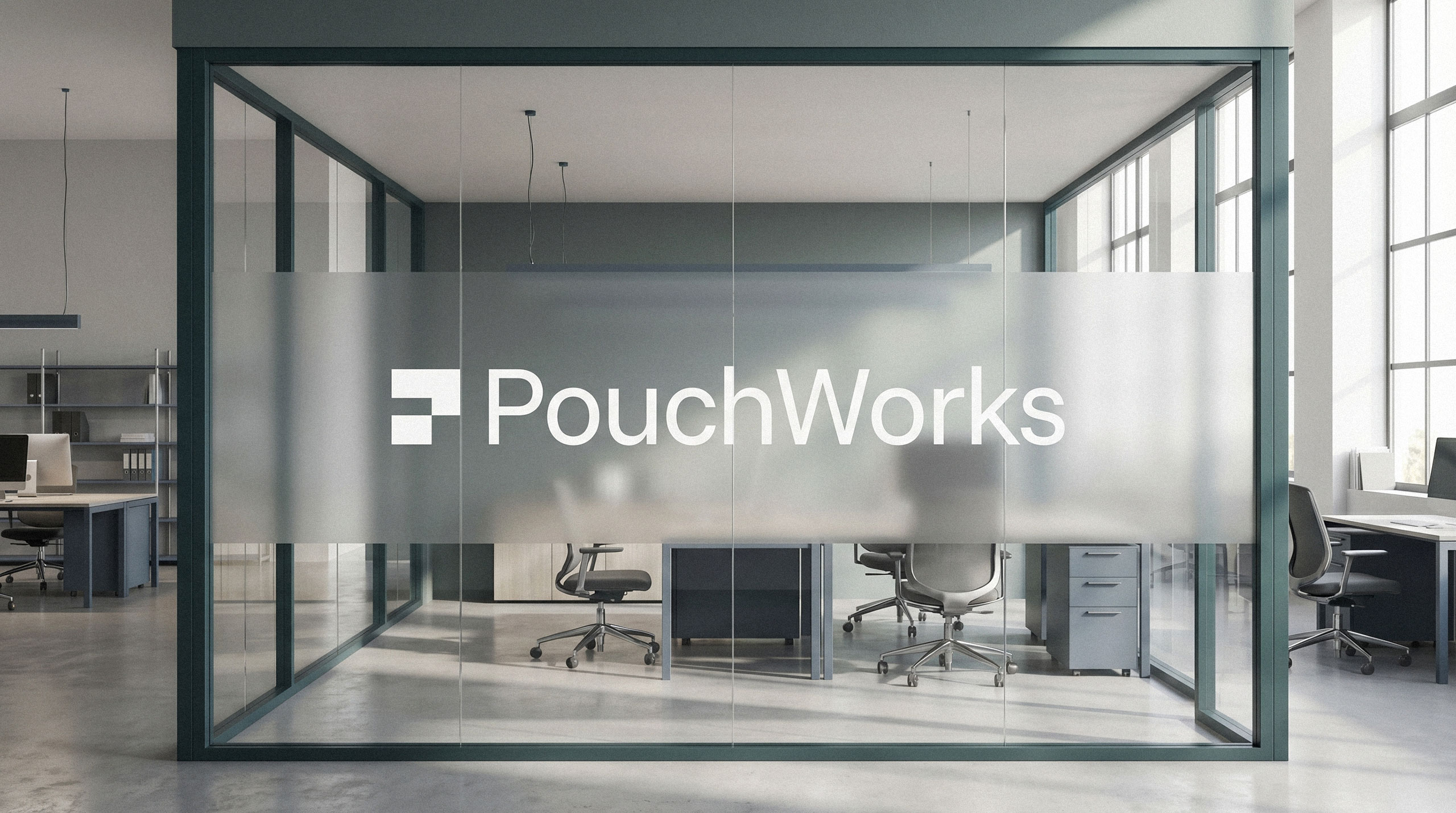 Corporate logo applied to a frosted glass partition in a modern office interior by Brandforma Studio