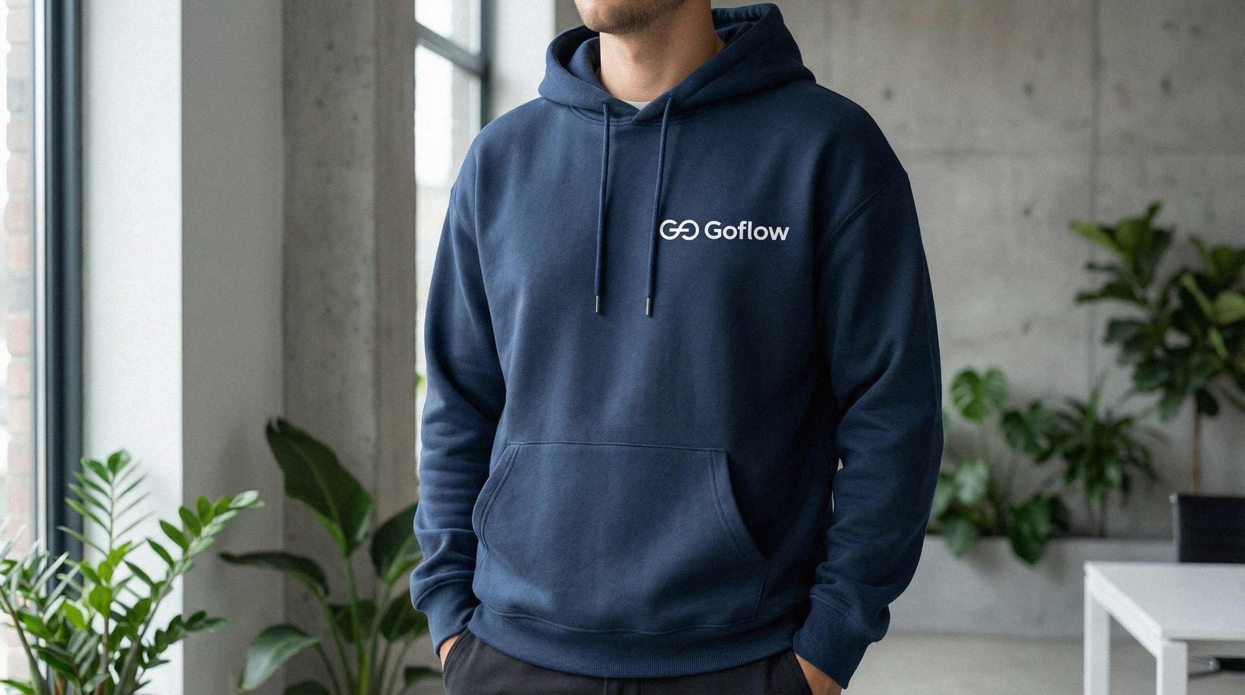 Man wearing a dark blue hoodie featuring the minimalist Goflow logo