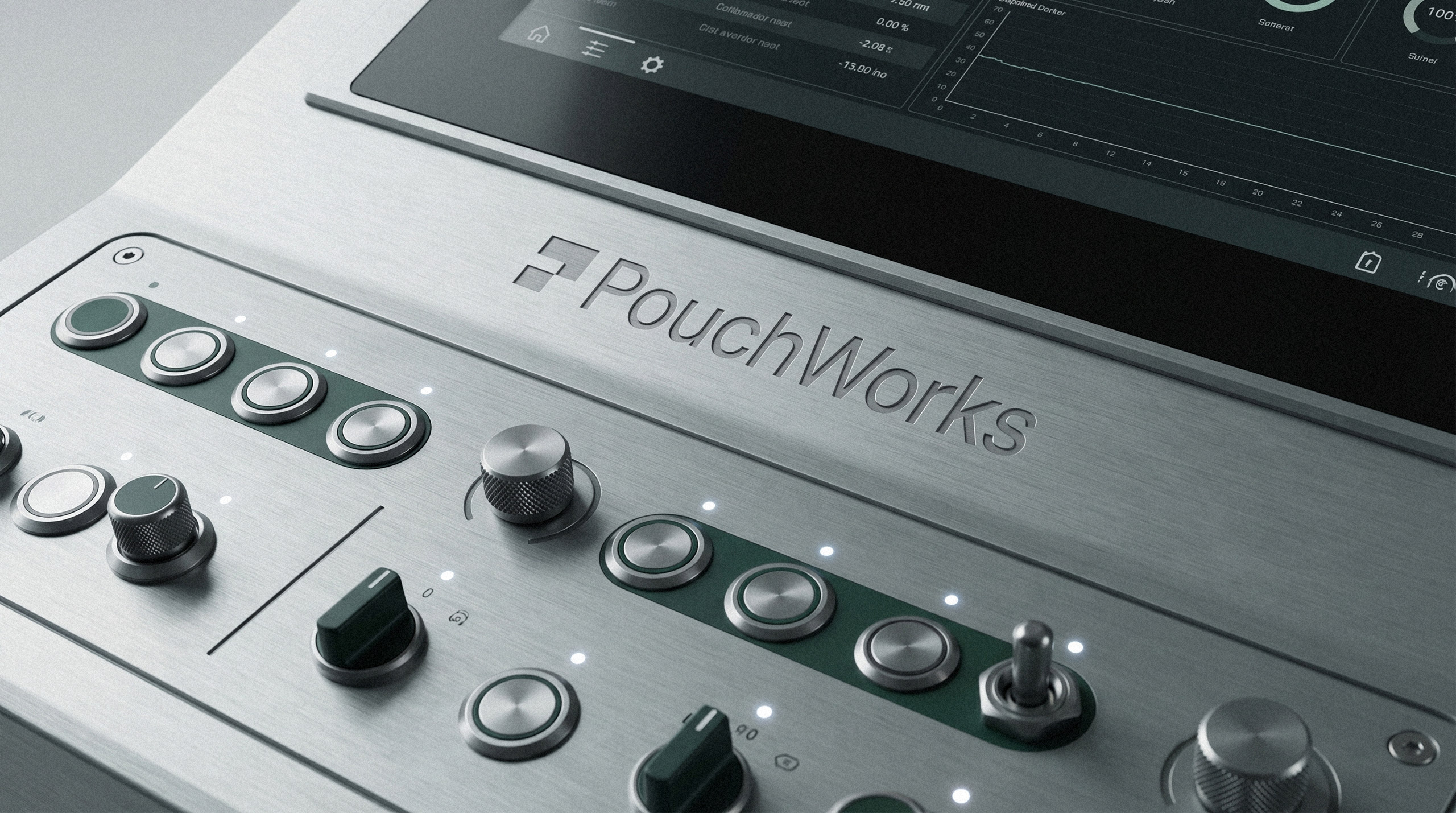 Engraved company logo on a metallic industrial machine control panel by Brandforma Studio