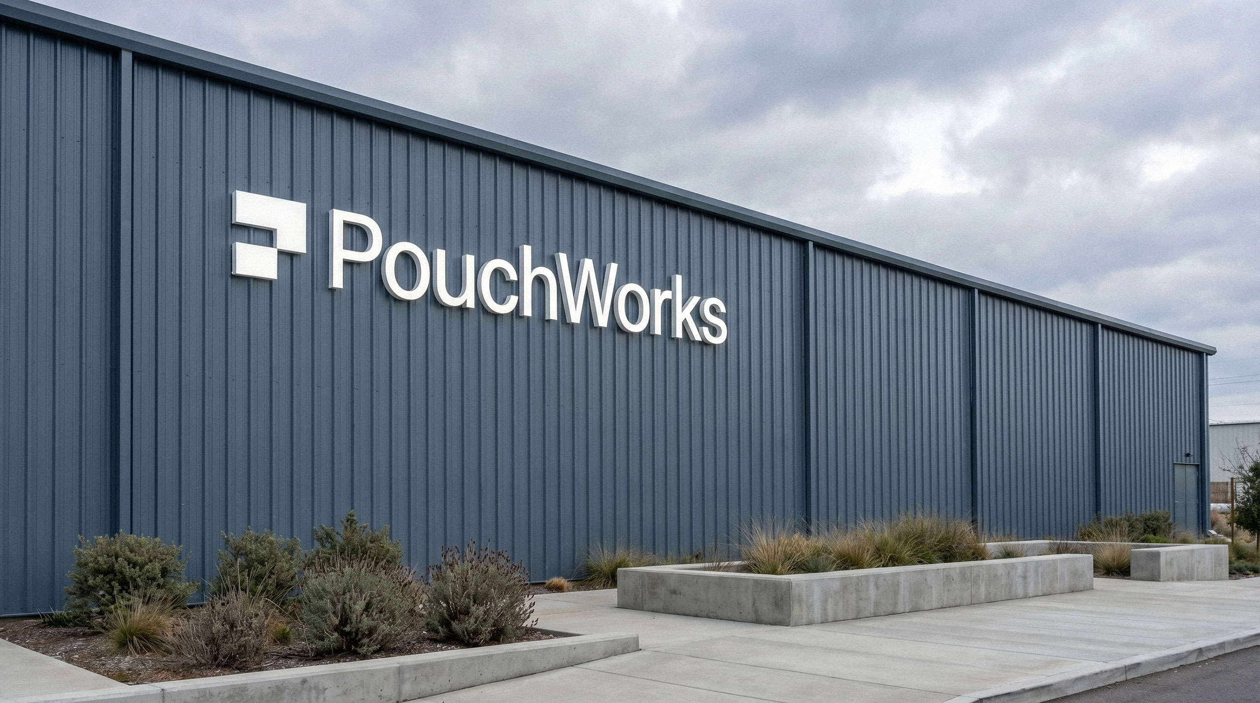 Large 3D company logo signage on the exterior of a blue corrugated metal warehouse building by Brandforma Studio