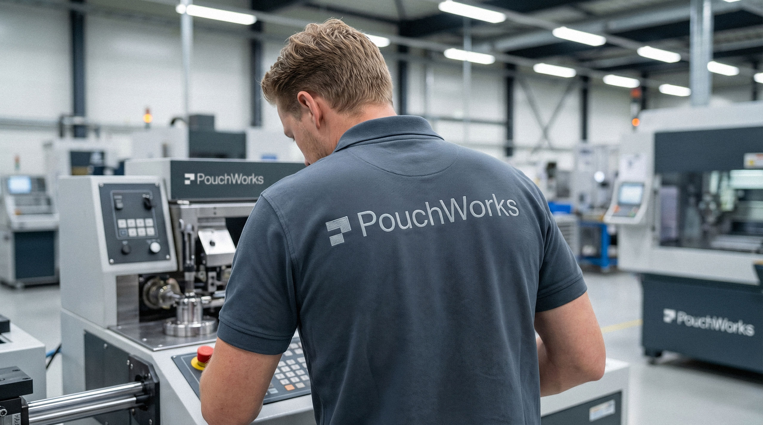 Factory worker wearing a grey branded polo shirt operating industrial machinery by Brandforma Studio