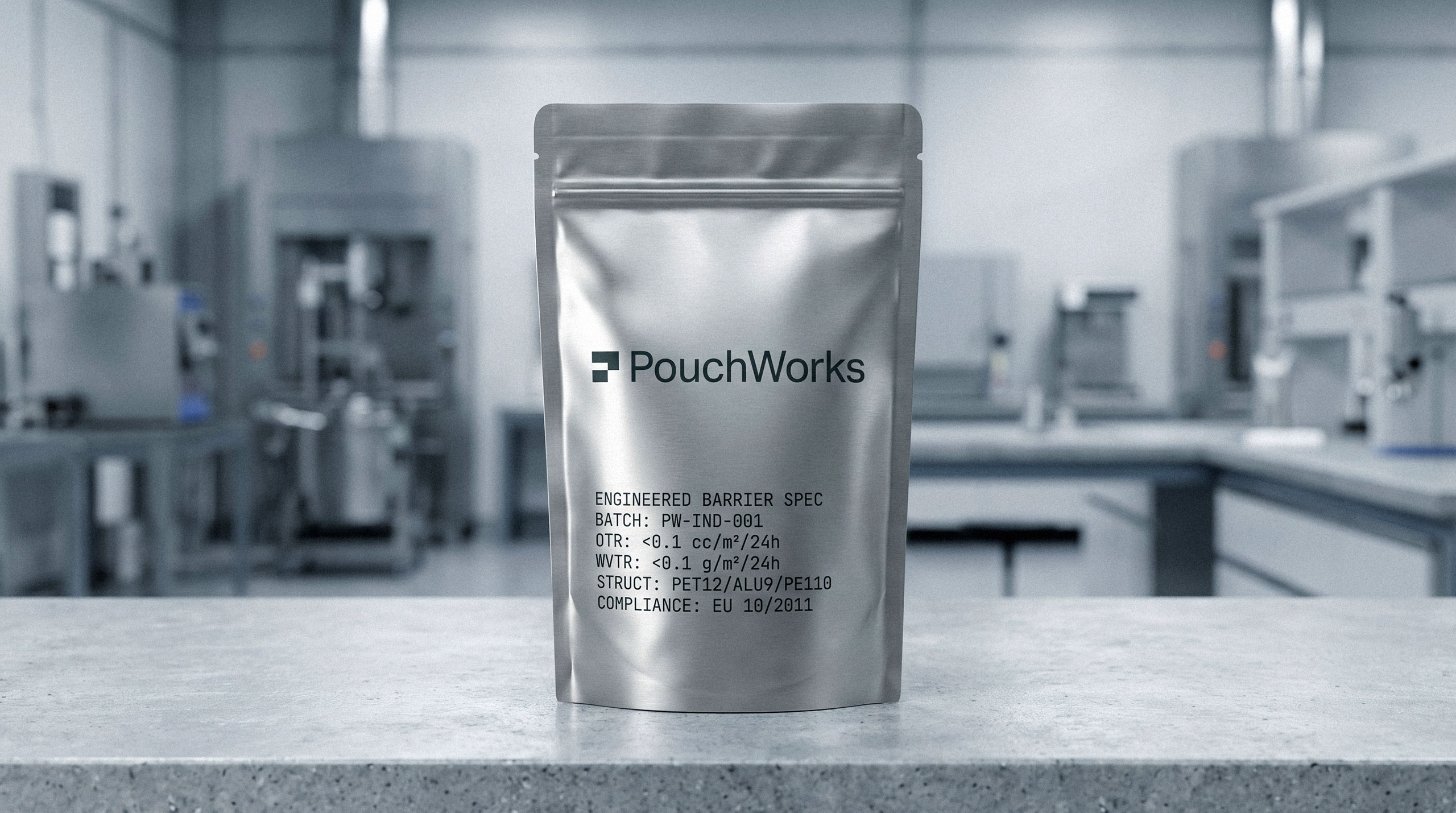 Silver stand-up flexible packaging pouch mockup on a lab counter by Brandforma Studio