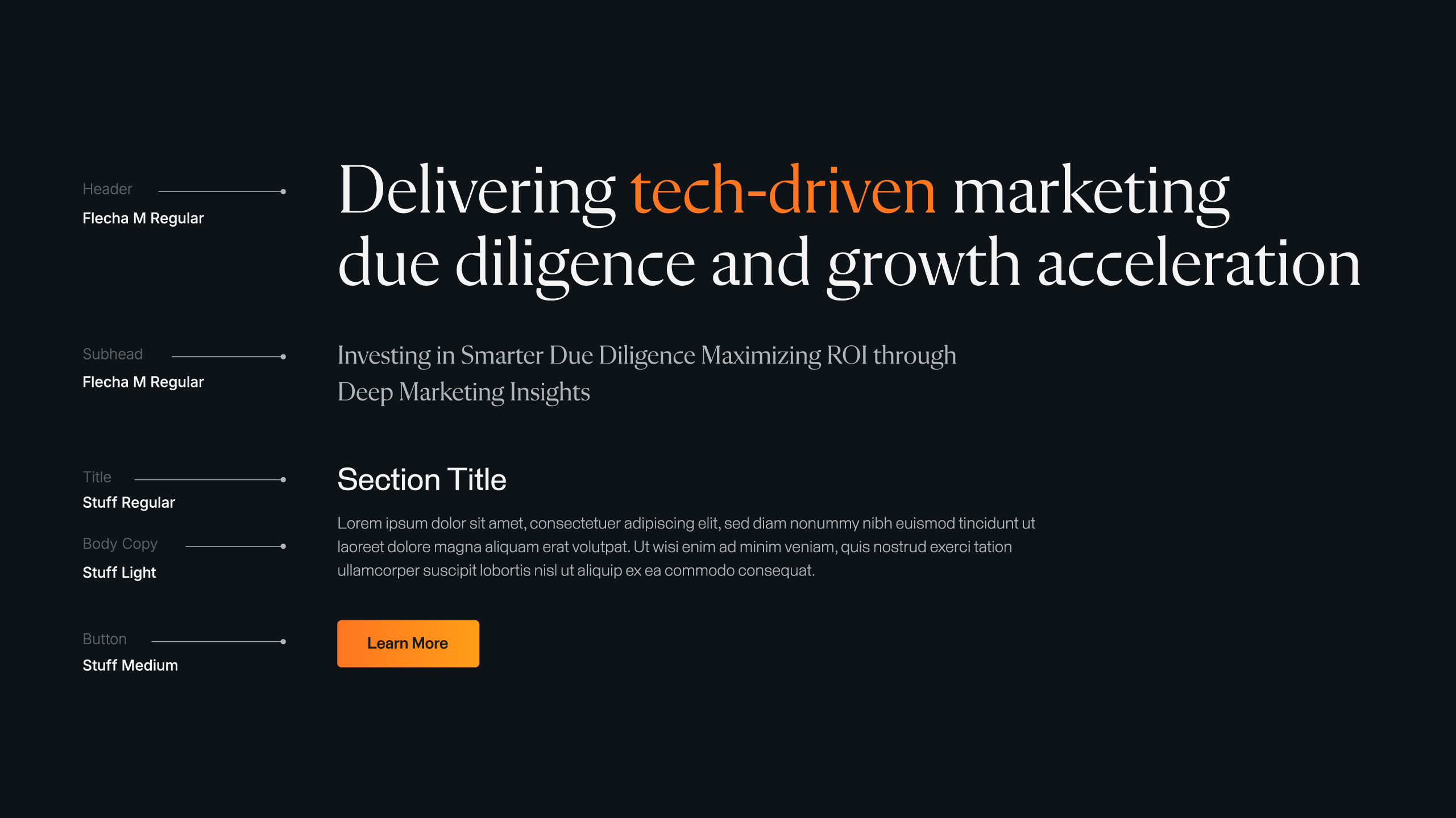 FirstMotion brand guideline slide showing the headline typeface and type hierarchy on a dark layout