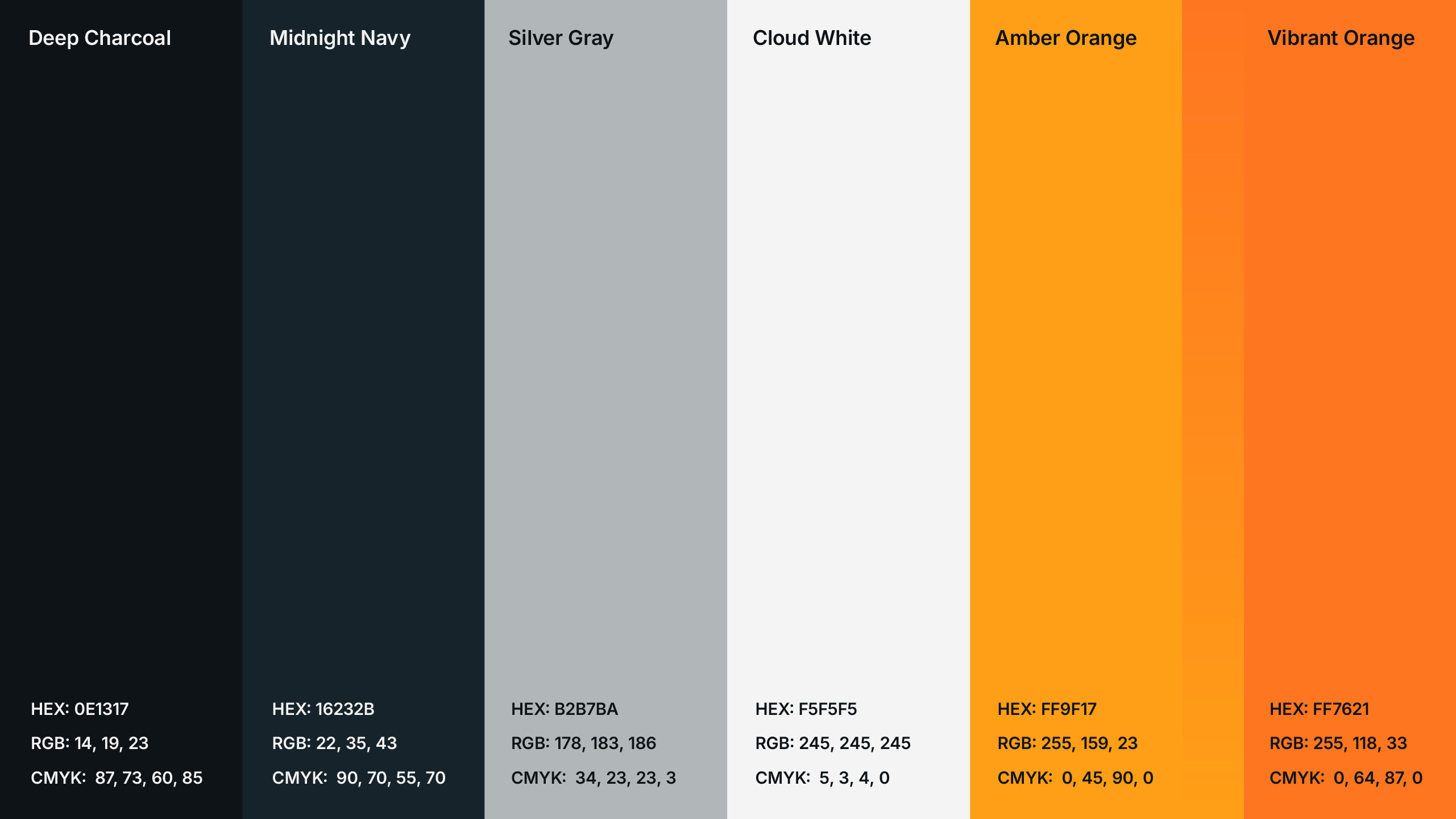 FirstMotion color palette with charcoal, navy, gray, white, and two orange swatches with hex values