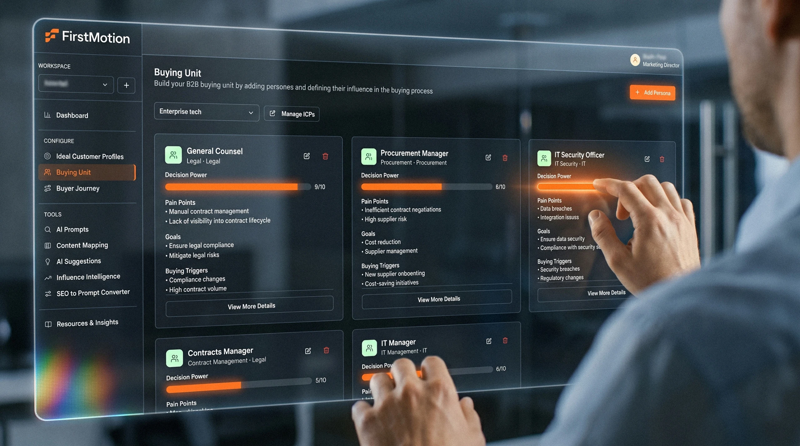 Person interacting with the FirstMotion platform dashboard showing a buying-unit interface