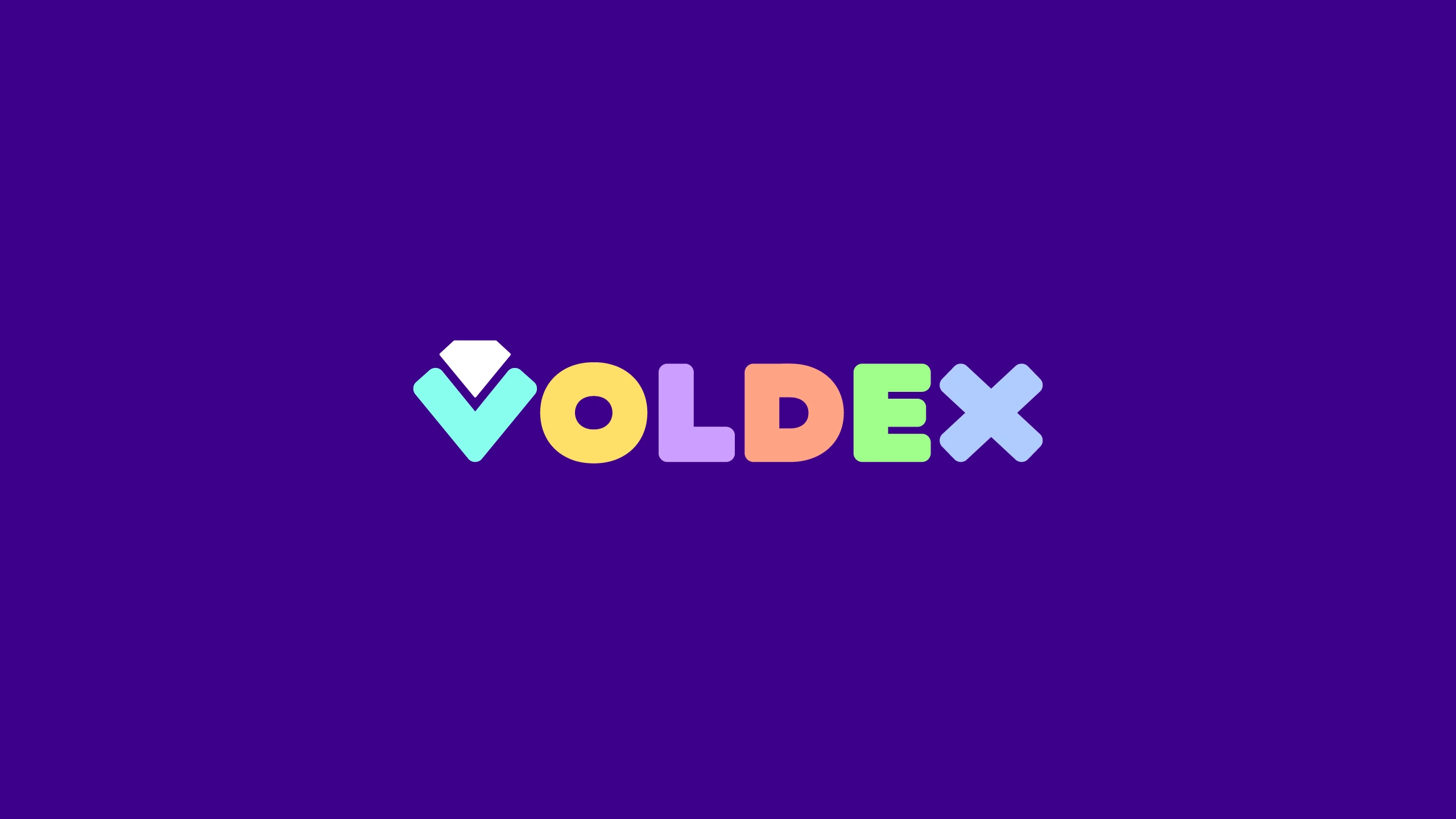 Voldex logotype in pastel candy-colored letters with a diamond-topped V on a deep purple background