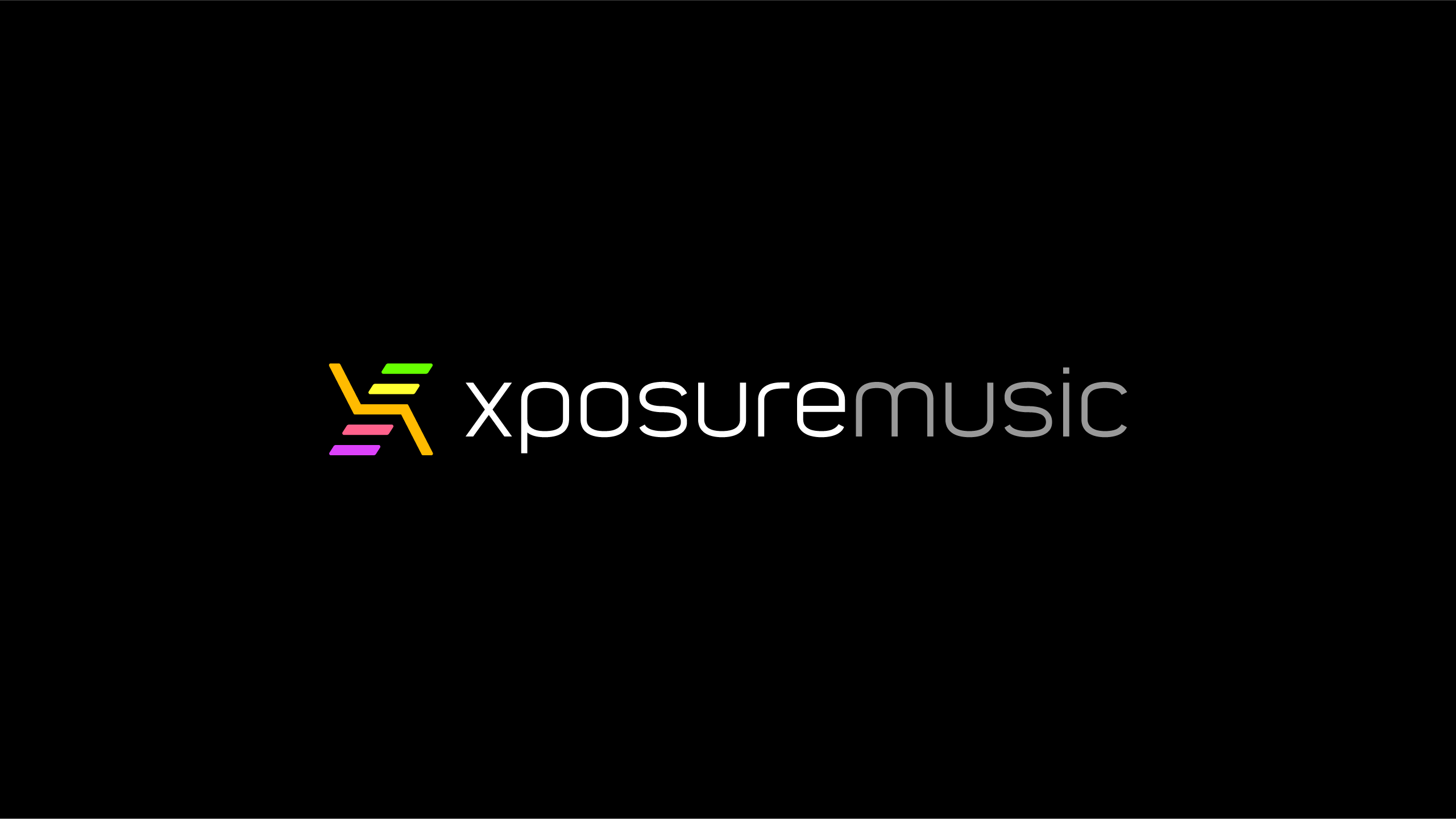 Xposure Music logo with a multicolor X mark beside the xposuremusic wordmark in white and grey on black