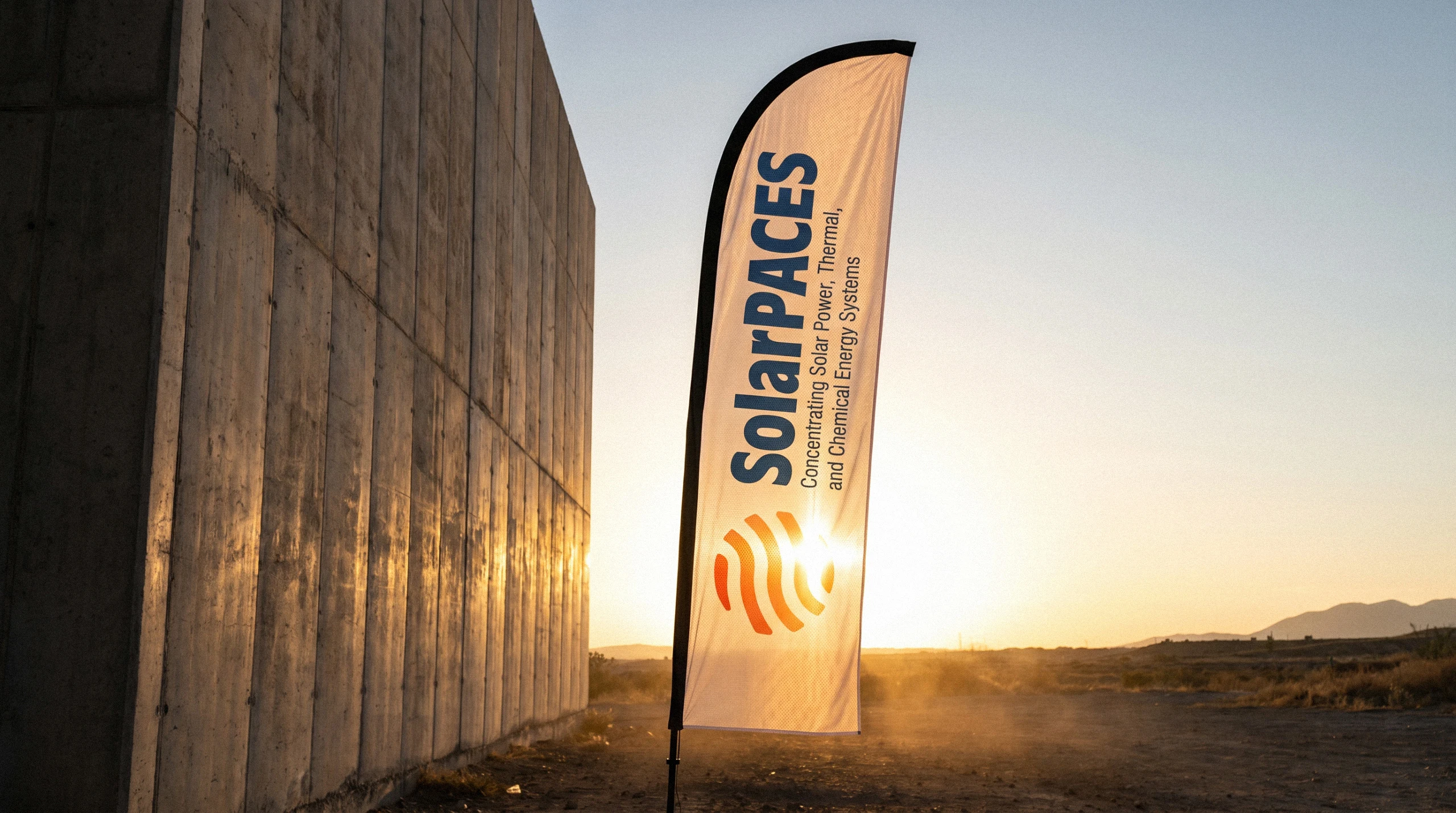 SolarPACES Feather Flag – Outdoor Event Banner White SolarPACES feather flag with the vertical logo lockup, photographed against a sunset by a concrete wall