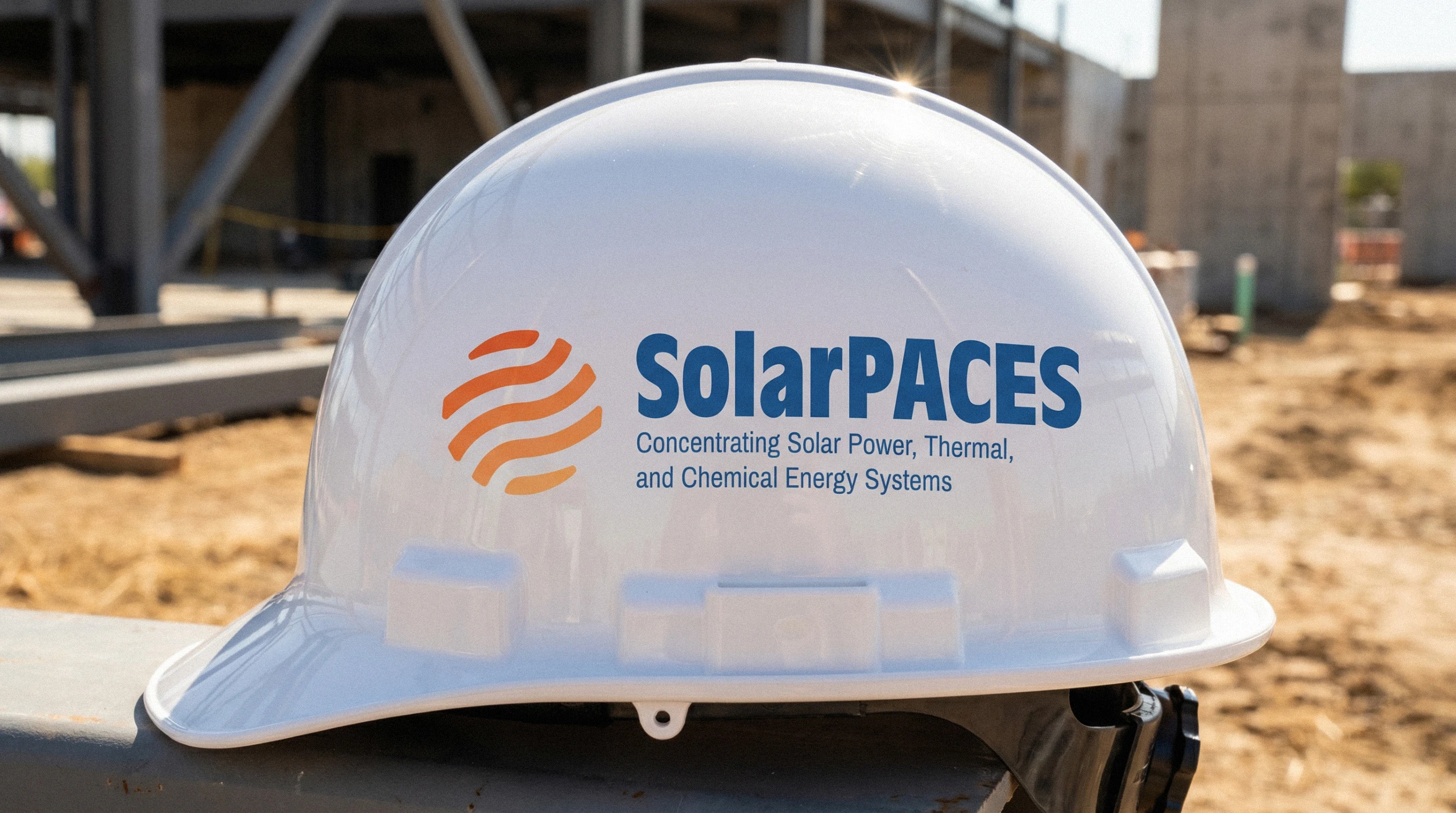 SolarPACES Hard Hat – White Safety Helmet White safety hard hat printed with the full SolarPACES logo, on a construction site