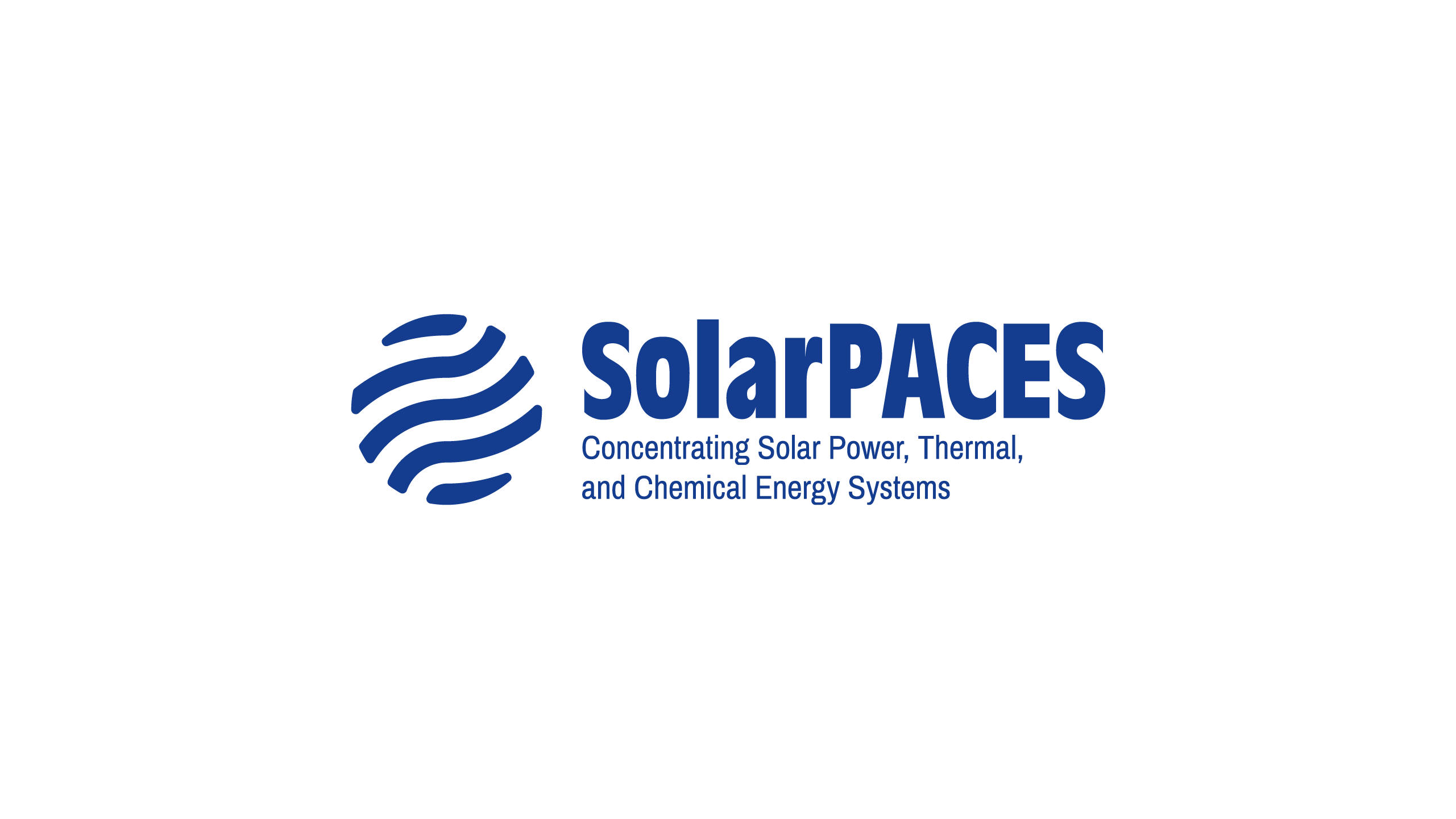 SolarPACES logo in single-colour blue with mark, wordmark and descriptor on a white background