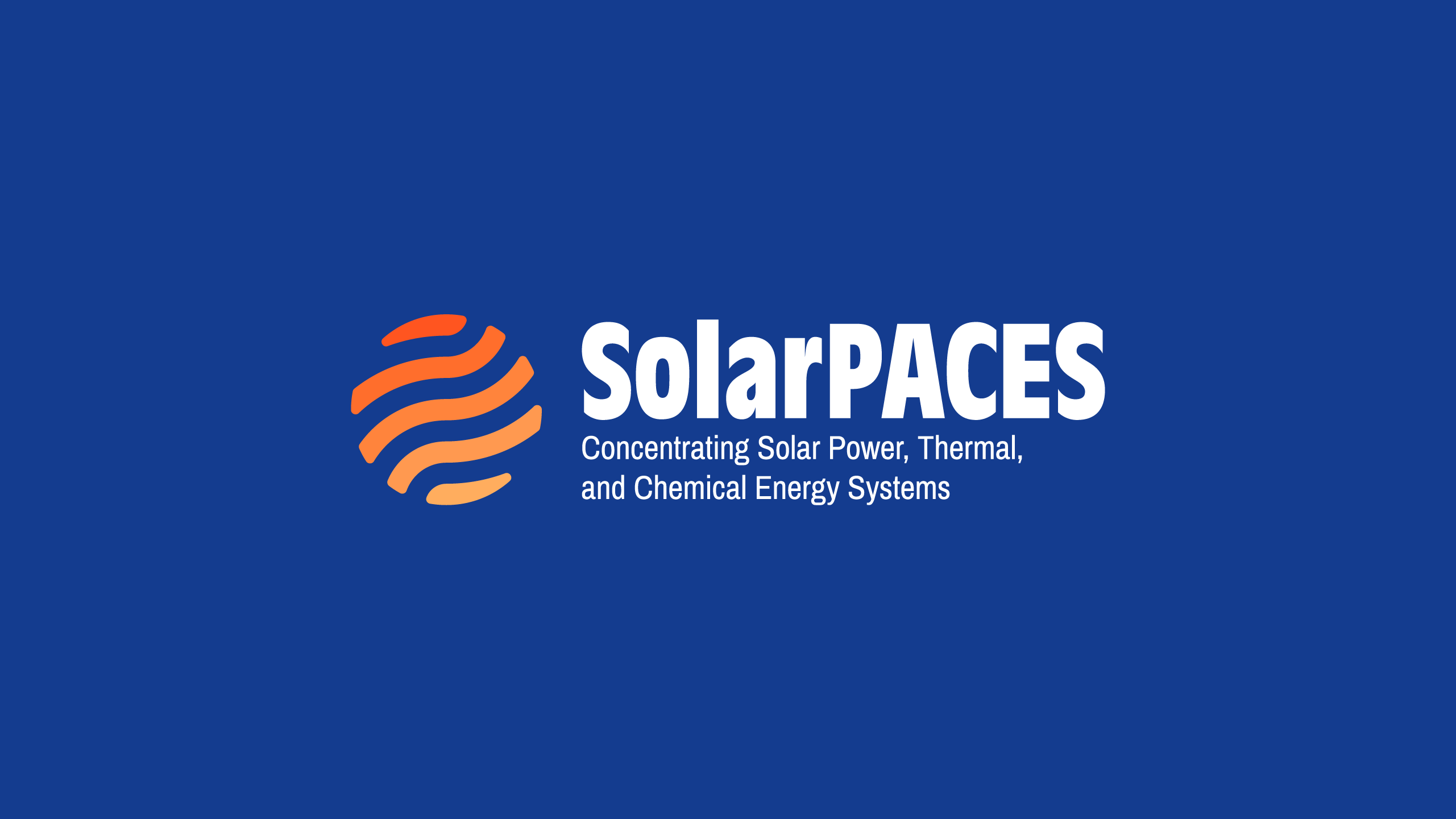 SolarPACES Logo – Orange Mark with White Wordmark on Blue SolarPACES logo with orange solar globe mark and white wordmark on a deep blue background