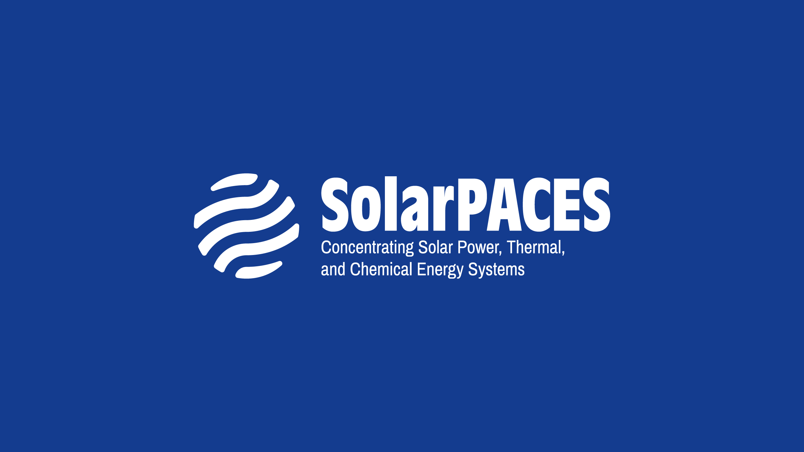SolarPACES logo in all white, reversed out of a deep blue background as a single-colour version
