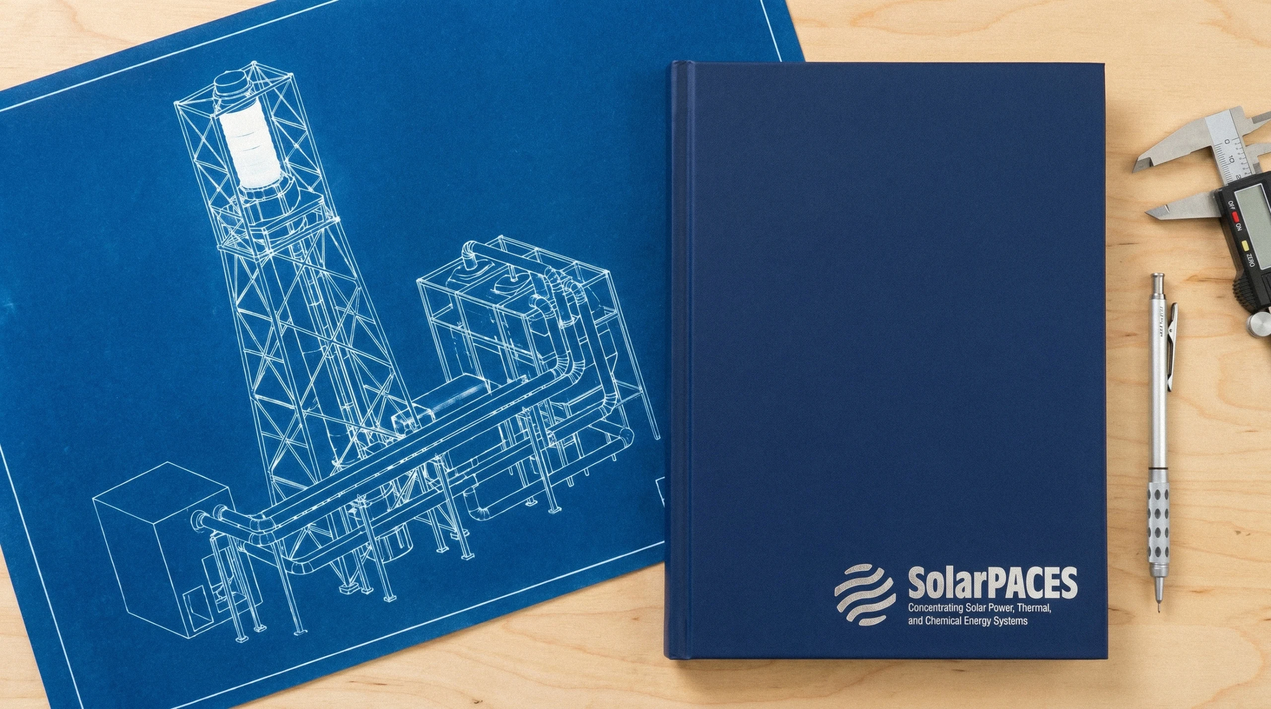 SolarPACES Notebook and Technical Blueprint Navy SolarPACES notebook beside a blue solar-tower blueprint, with calipers and a pen on a wooden desk