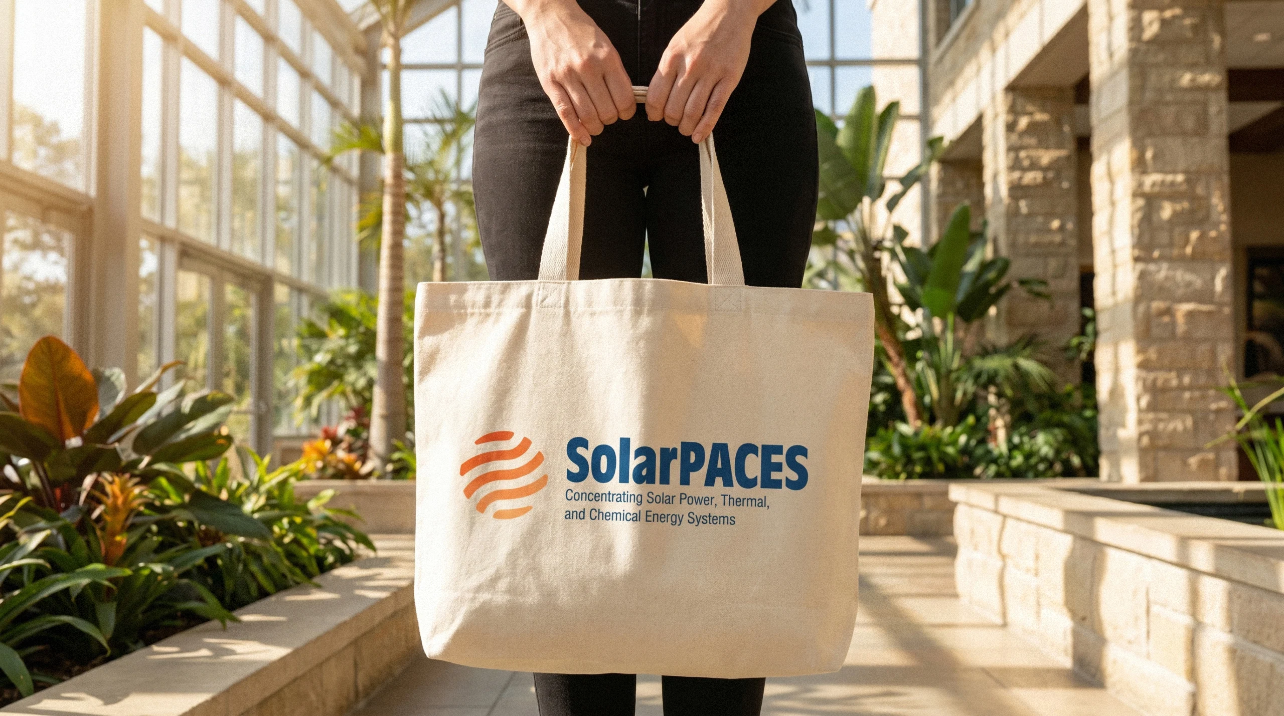 SolarPACES Tote Bag – Natural Canvas Natural canvas SolarPACES tote bag with the full logo and descriptor, held by a person indoors