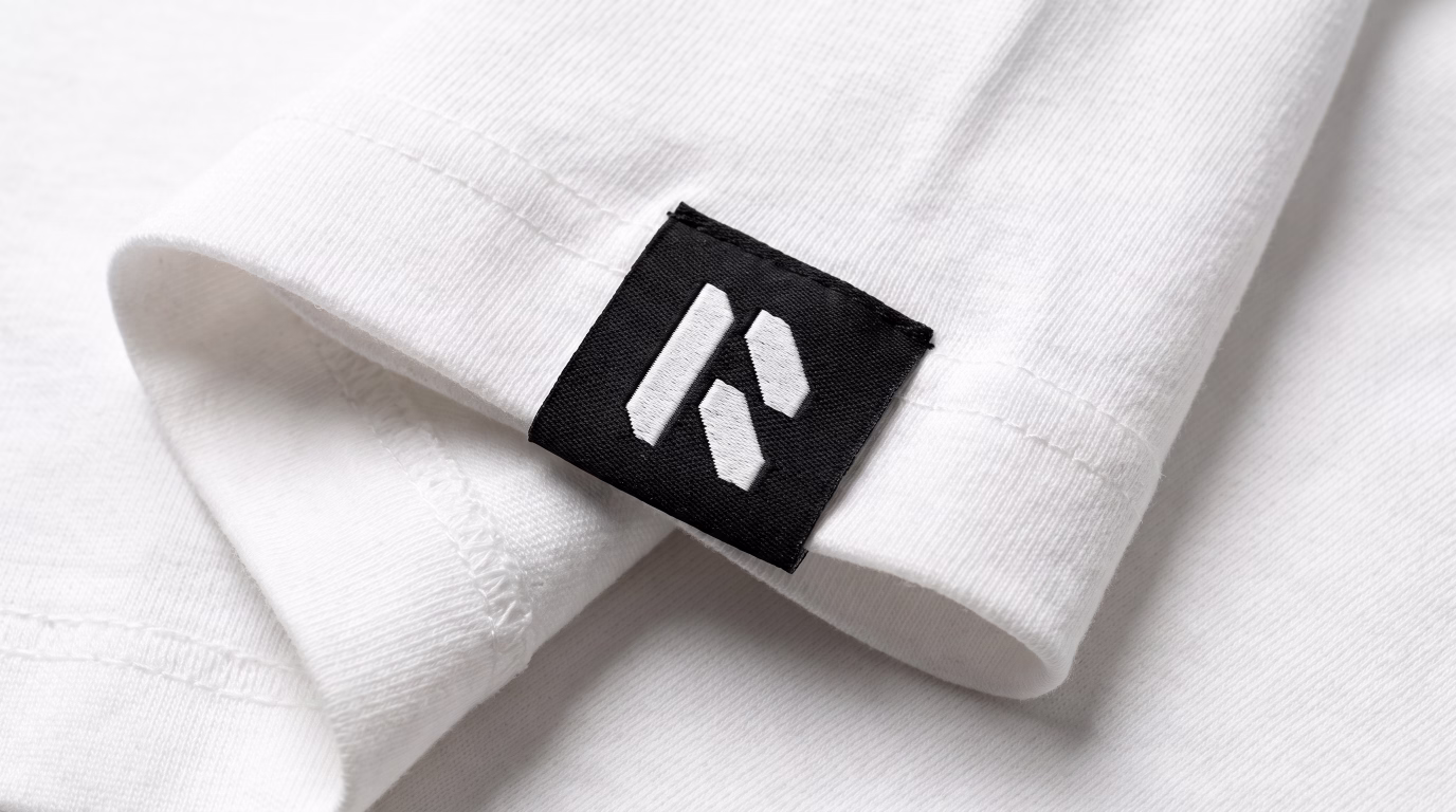 White Modern Tech R logo featured on a black woven hem tag attached to a white t-shirt.