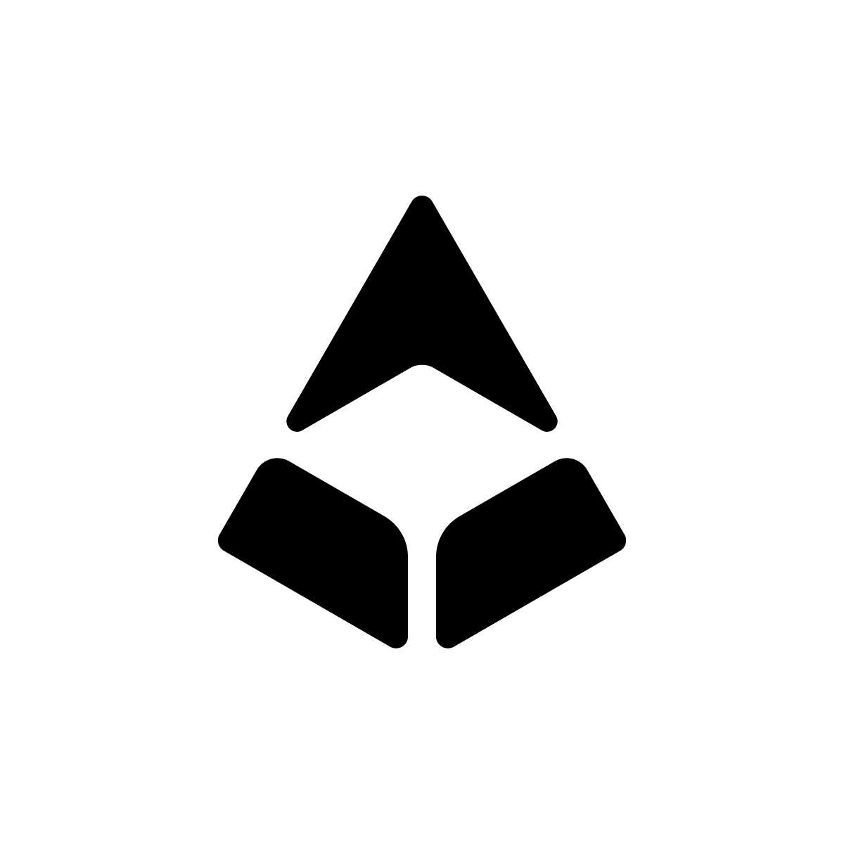 Minimalist black abstract A logo made of three rounded geometric segments, an upward arrowhead above two angled lower forms resembling an isometric cube, with a central diamond-shaped negative space on a white background